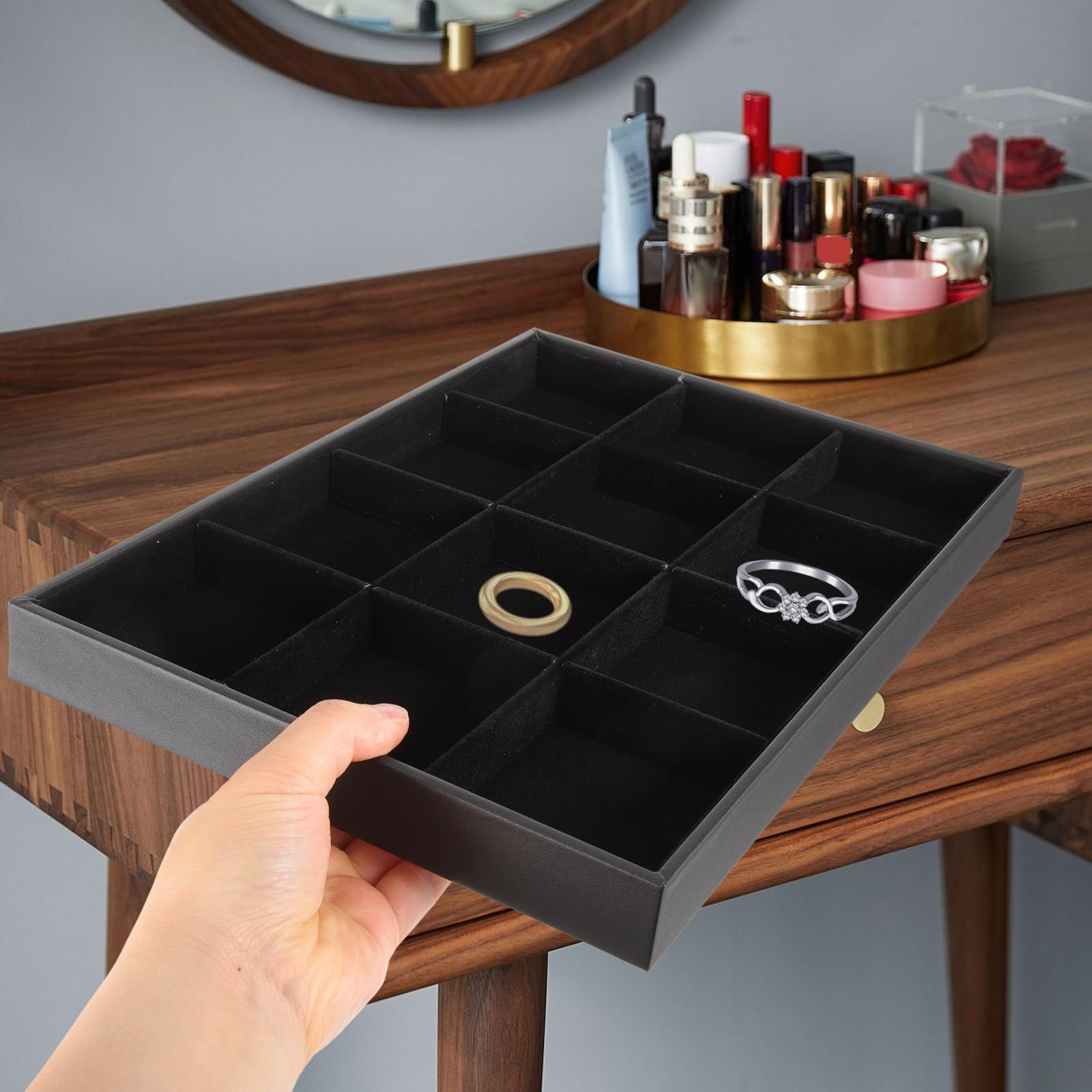 Plateau à Bagues en Flanelle Noire à 12 Compartiments pour Rangement de Bagues et Bracelets, Plateau Décoratif et Moderne pour Maison et Boutique, Lot de 2 Pièces