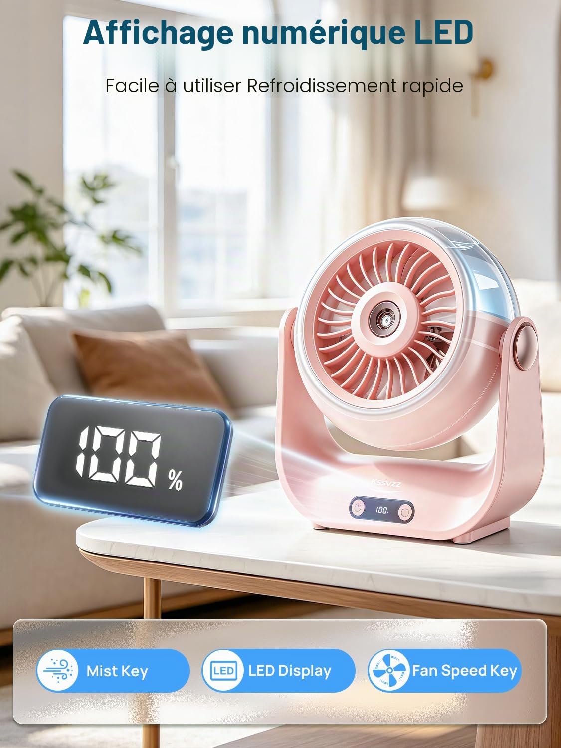 Ventilateur Brumisateur Bureau - 5000mAh Mini Ventilateurs Silencieux de Table avec 5 Vitesses, Ecran LED & Réglable à 90°, Petit Table Fan USB Rechargeable pour Chambre Bureau Extérieur (Rose)