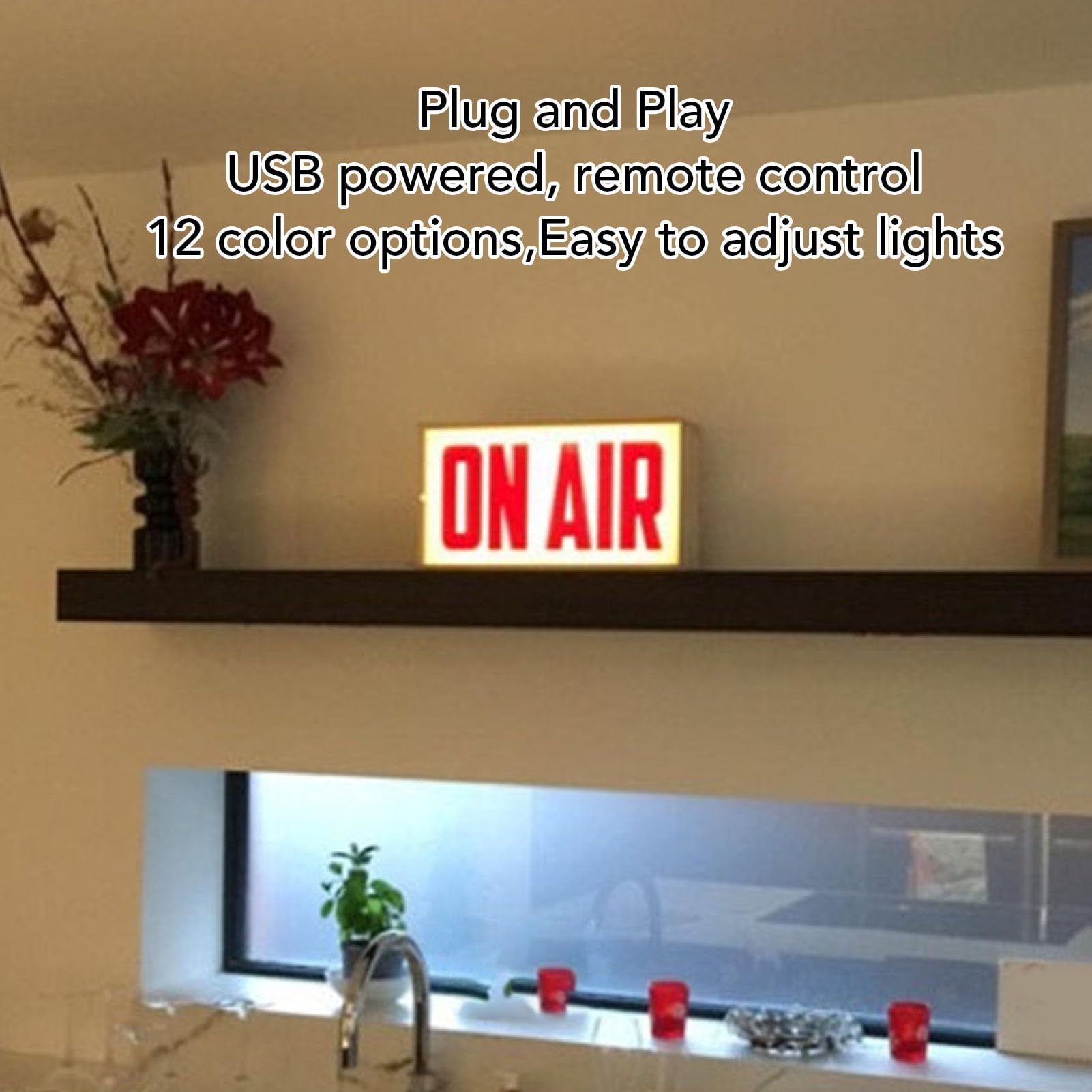 banapoy On Air Lichtschild, Warnschild – an der Wand Montierbar, USB-betrieben, 12 Farben LED, Fernbedienung für Studio, Radiosender, Büro oder Heimdekoration