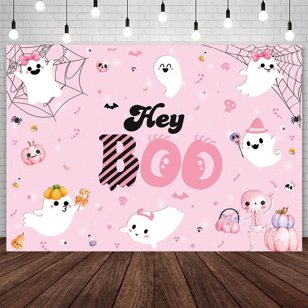 Photo 1 of AIBIIN 7x5ft Halloween Baby Shower Backdrop for Girls Hey Boo Pink Ghost Baby Shower Party Decorations Cute Spooky Boo Spide Pumpkin Baby Shower Party Banner Photo Studio Props