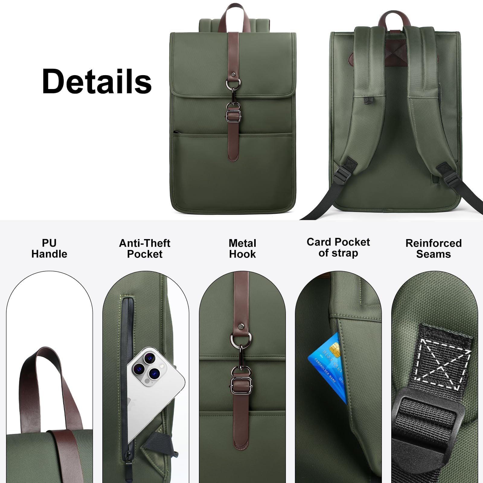 Zaino Porta PC Uomo Donna, Leggero Sottile Zaino Laptop | Computer Portatile 15,6 Pollici con porta USB Impermeabile Zaino Casual per Uffico Università Scuola Viaggio Business, Verde