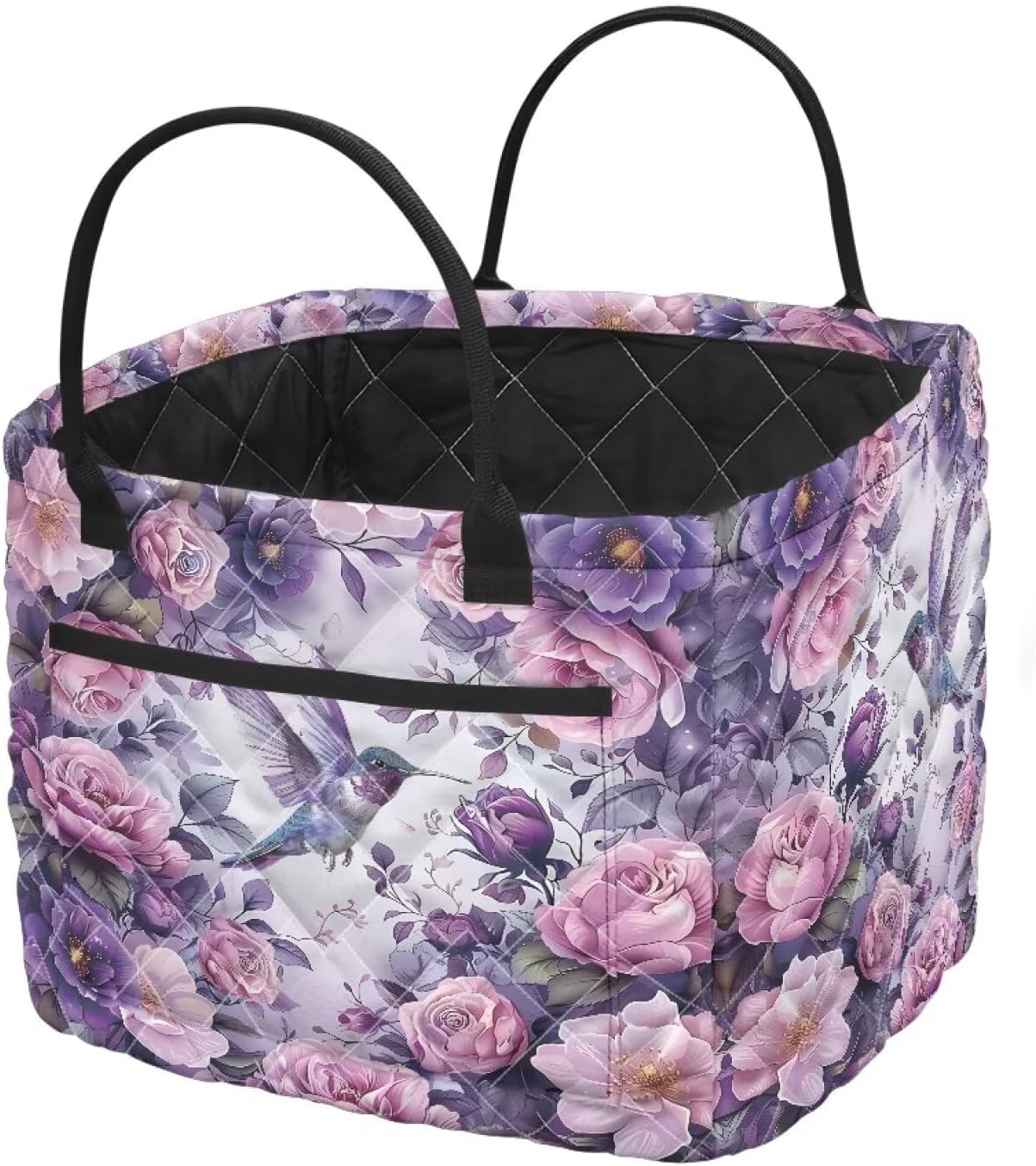 Purple Hummingbird Fabric Storage Basket 6.39 Gal Quilted Storage Basket Portable Folding Storage Laundry Nursery Hamper for Nursery Bedroom Living Room