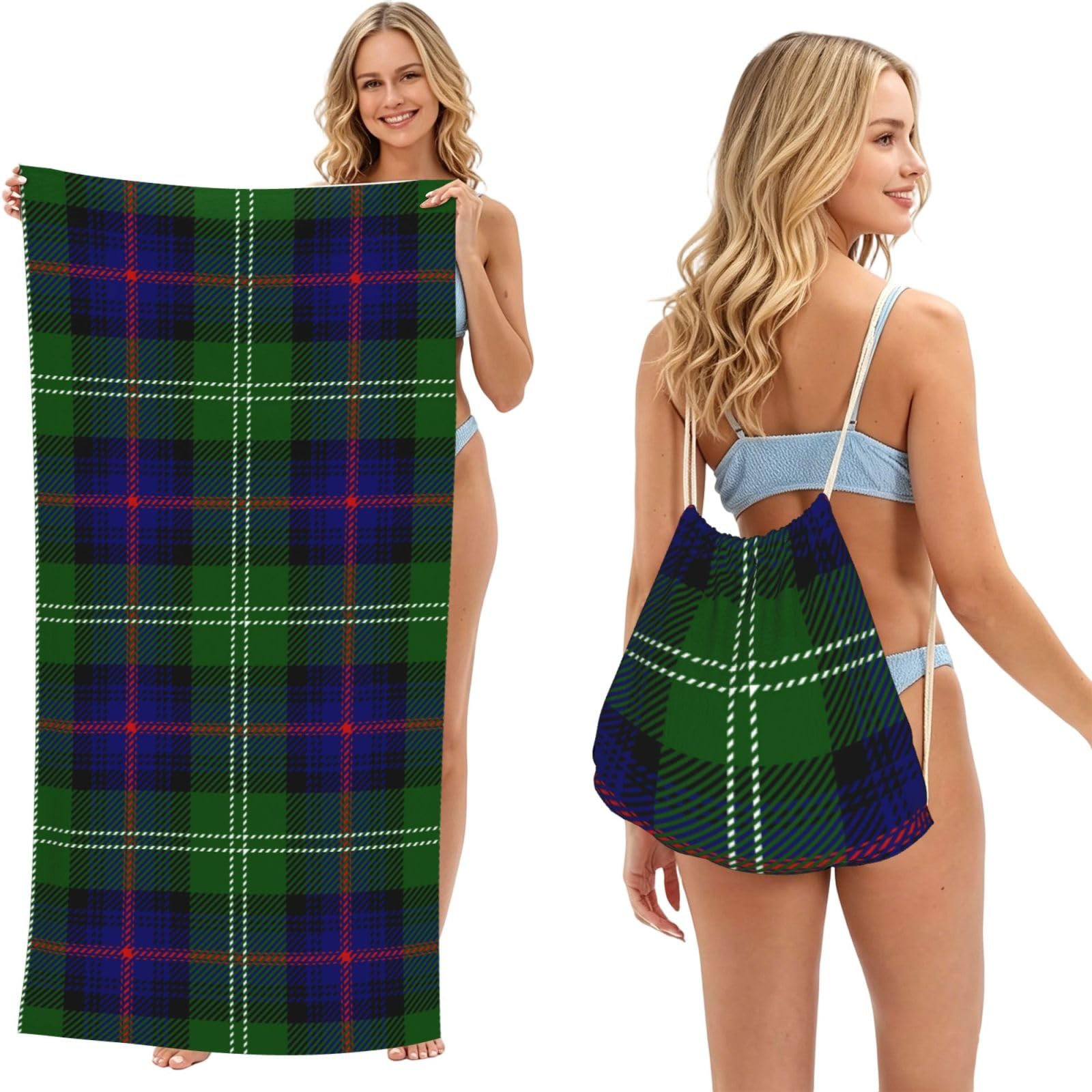 Poadnly As Picture Clan Sutherland Scottish Tartan Plaid, 2 In 1 Packable Towel Bag, Beach Towels With Drawstring Backpack For Travel Holiday Camping