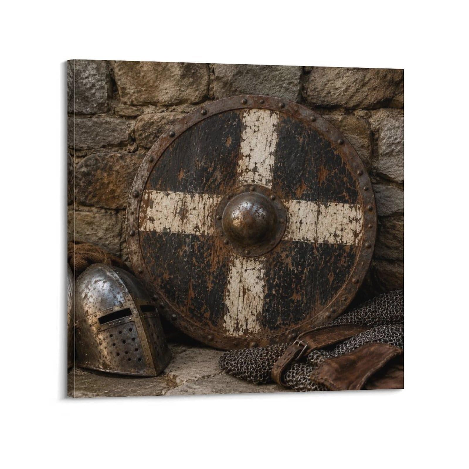 XKUGA Medieval Knight Chainmail Poster Rusted Shield Relic Armor Modern Decorative Canvas Prints - Ideal Wall Art for Family, Man Cave, Game Room, Boys & Girls Bedroom 12x12inch(30x30cm)