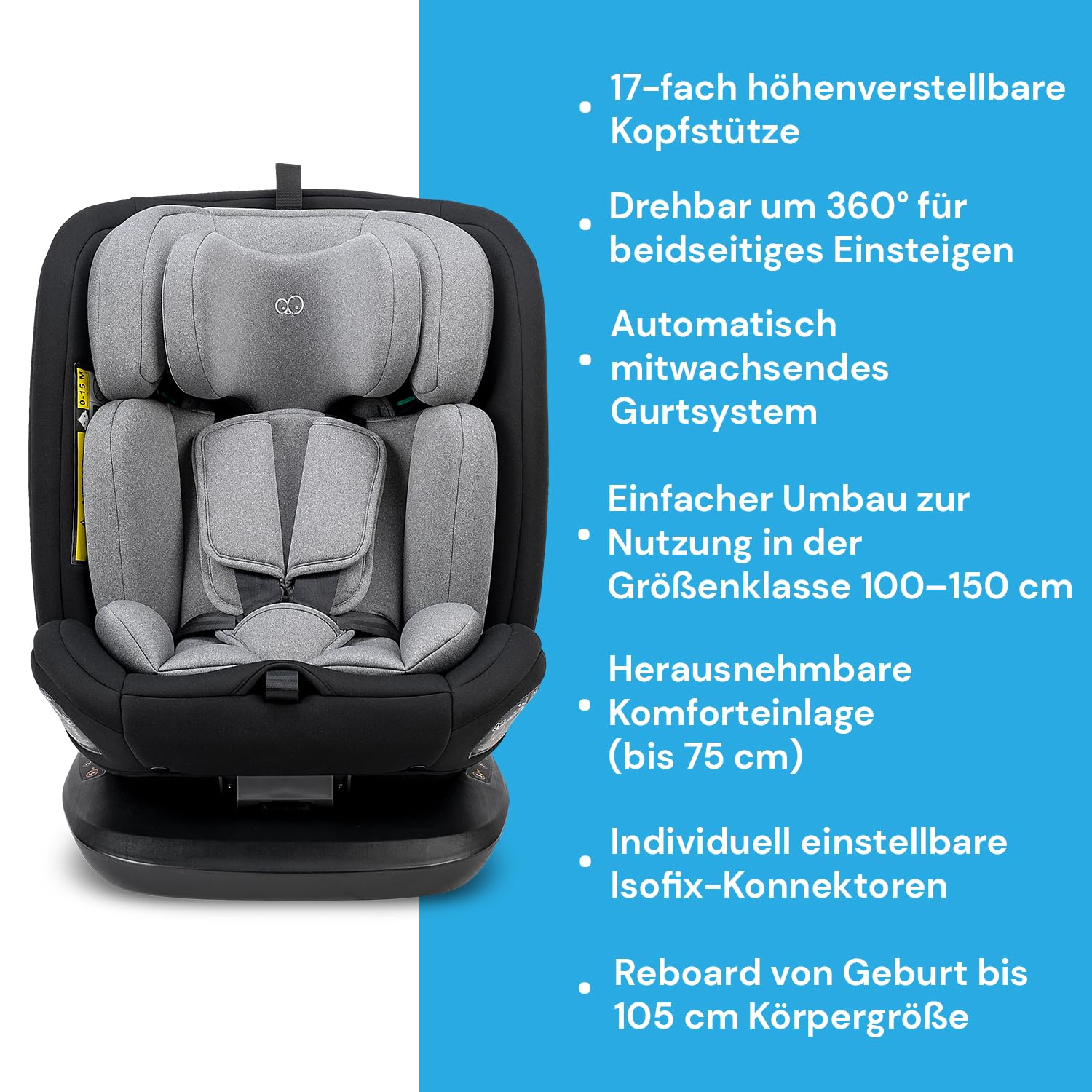 Booboo Safety Lissabon – Der flexible 360° drehbare Kindersitz (40-150 cm), sicher & mitwachsend, Reboard bis 4 Jahre, Isofix & Top-Tether, extra Komfort – Black Grey