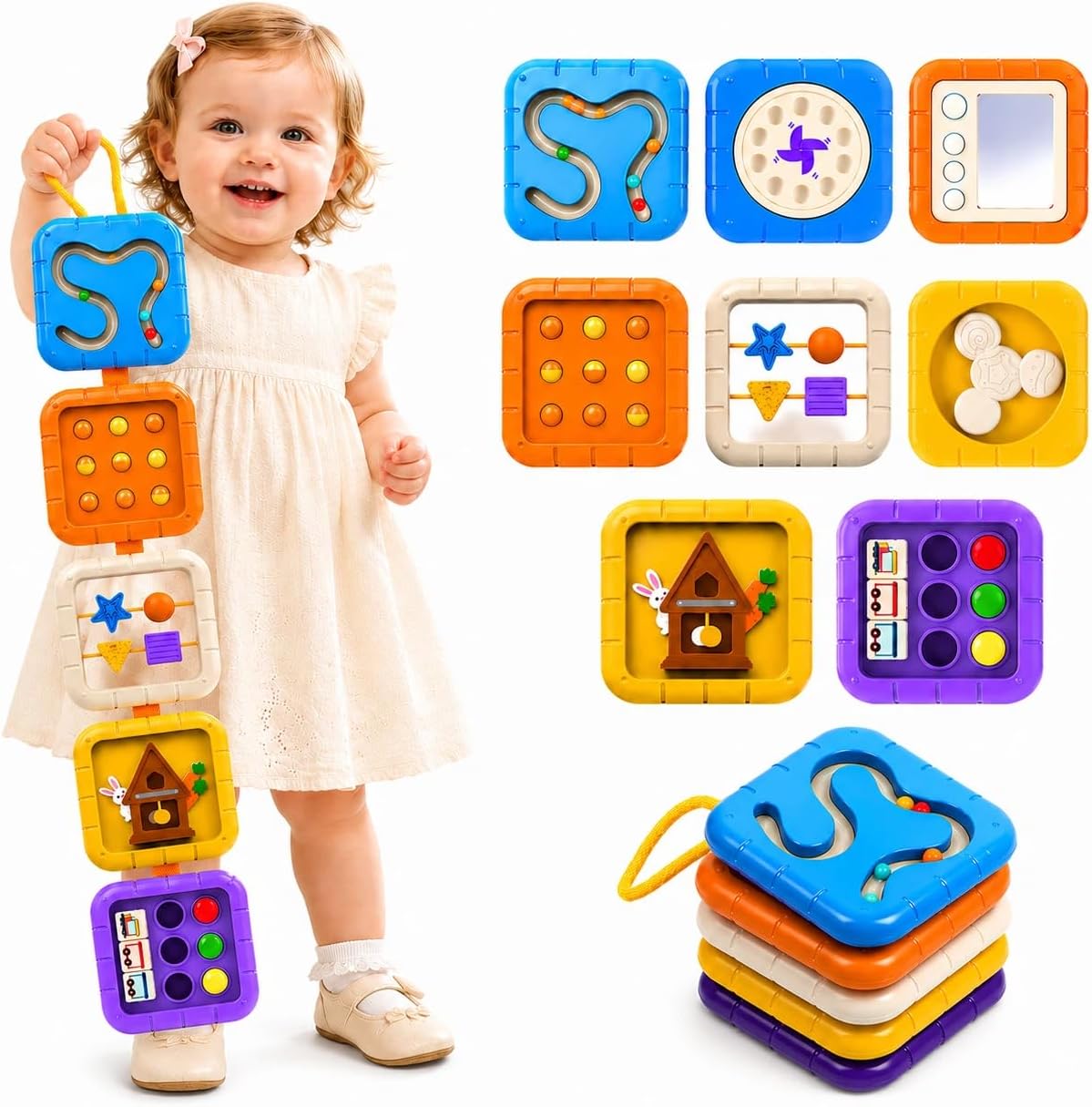 Busy Board for 1 Year Old, Travel Toys for Toddler 1-3 on Plane Car, Montessori Busy Board Busy Cube, Toys for 1 Year Old Boy Girl, Stocking Stuffers for Toddler (Purple)