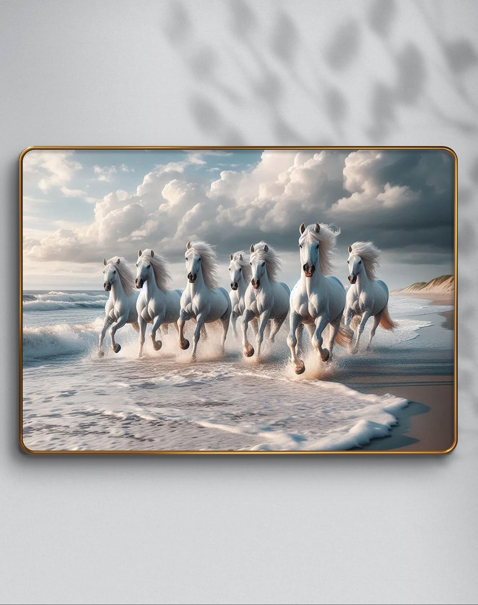 Livin'luxe paintings Seven Running Horses modern art Premium Sparkle Lamination Finished Surface Golden Slim Frame 28 cm x 35 cm Large Size, For Home/Office/Hotel painting KG501
