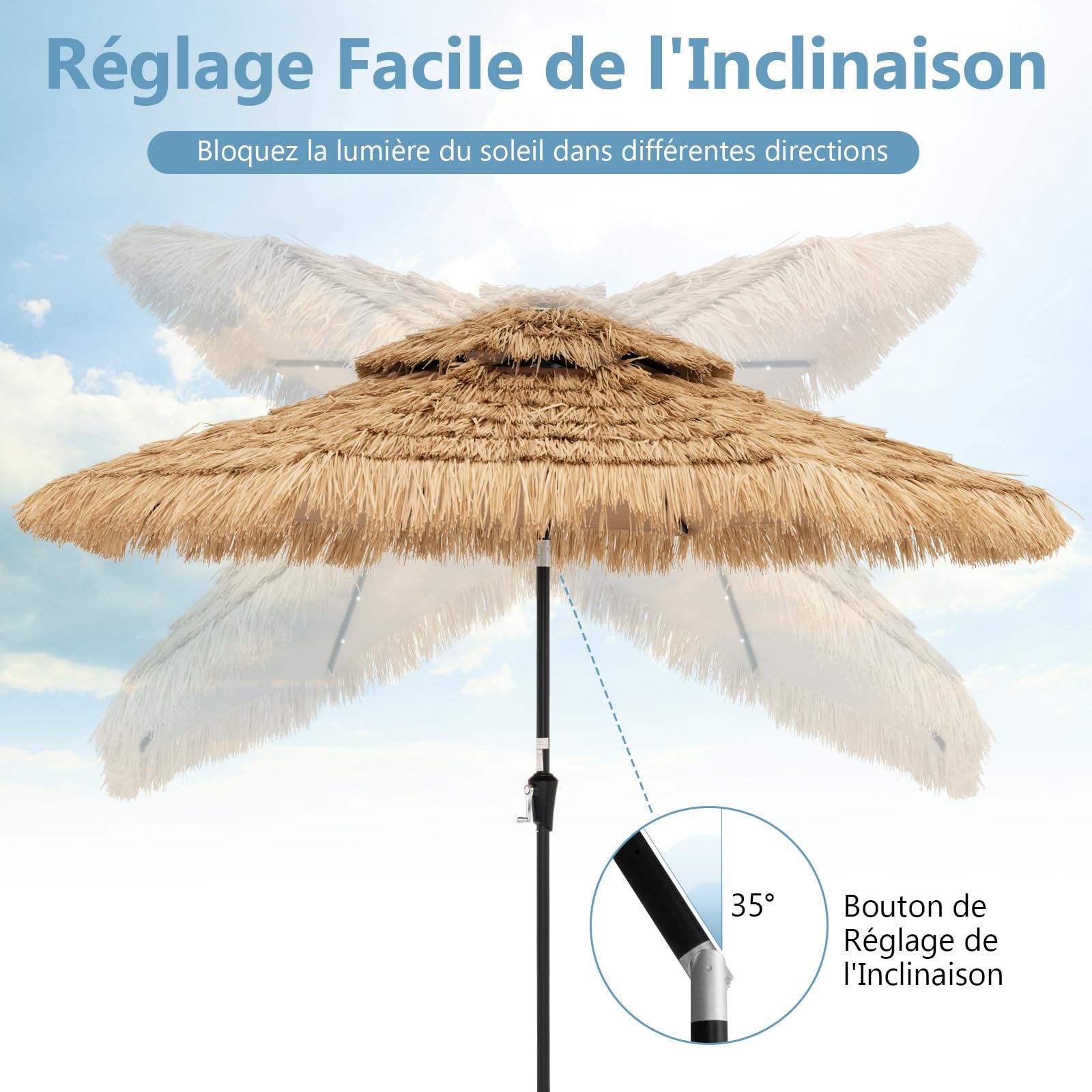 COSTWAY Parasol de Jardin Exterieur Ø 290 cm, Parasol Plage Hawaïen en 9 Couches Paille, 35° Inclinaison et Manivelle, 32 Lumières LED Solaire, 8 Baleines, pour Jardin Plage Piscine