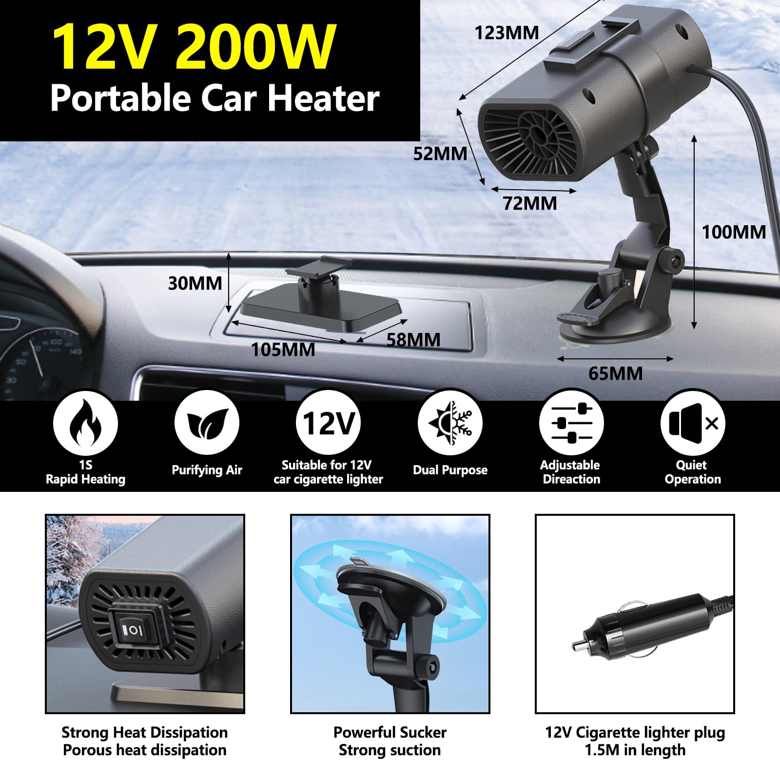 2026 New Portable Car Heaters for Vehicle for Winter 12v Car Heater That Plugs Into Cigarette Lighter 200w — view 3