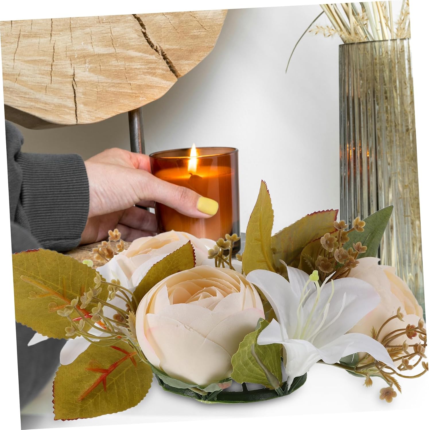Elegant Artificial Flower Candle Wreath European Style Decorative Centerpiece for Weddings Home Decor and Dining Tables Realistic Rose and Eucalyptus Design Soft