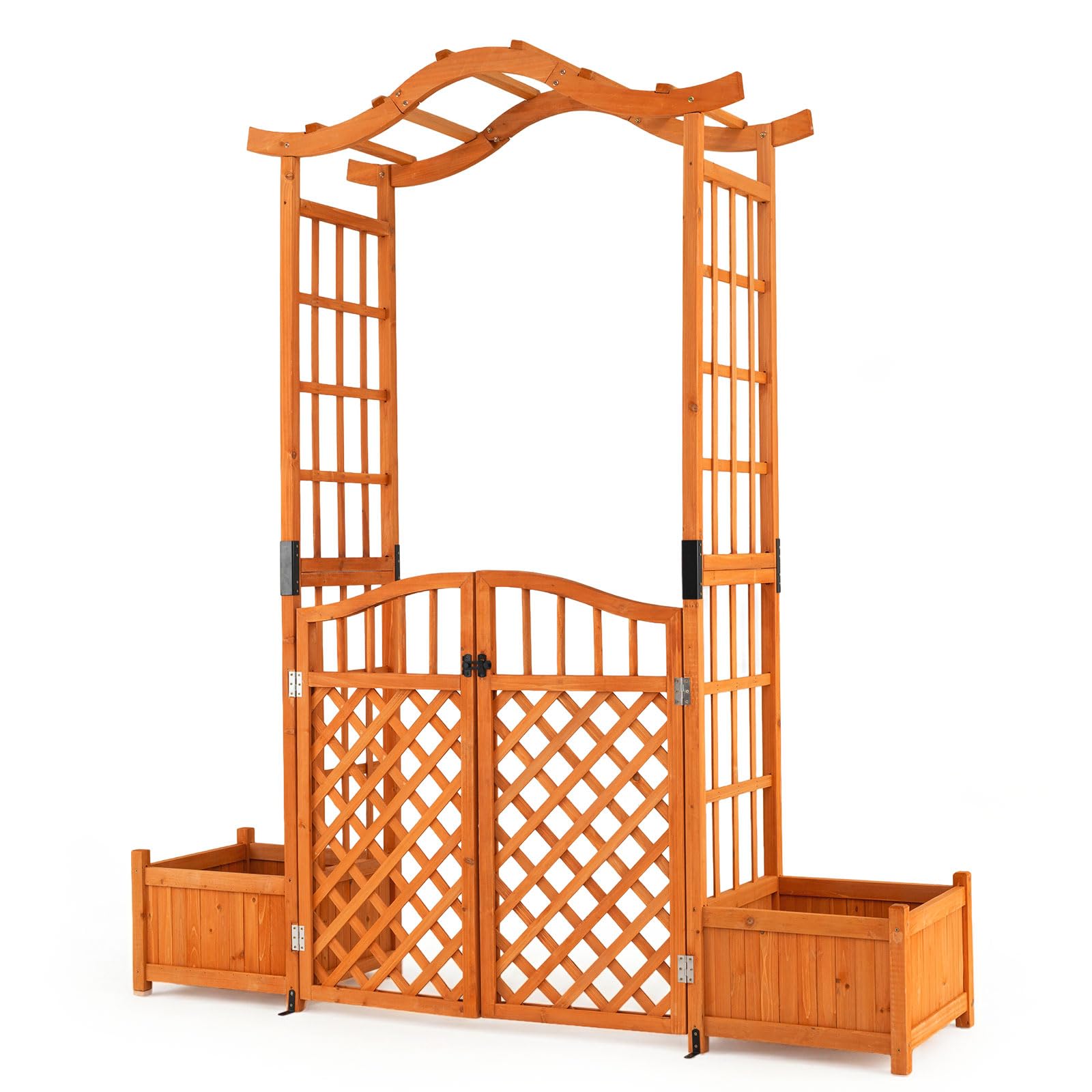 GYMAX Arco da Giardino Pergolato con Fioriere, Letto Orto Rialzato con Traliccio per Rampicanti e Cancello con Serratura, Decorazione da Esterno per Matrimonio e Cerimonia, 185 x 46 x 210 cm