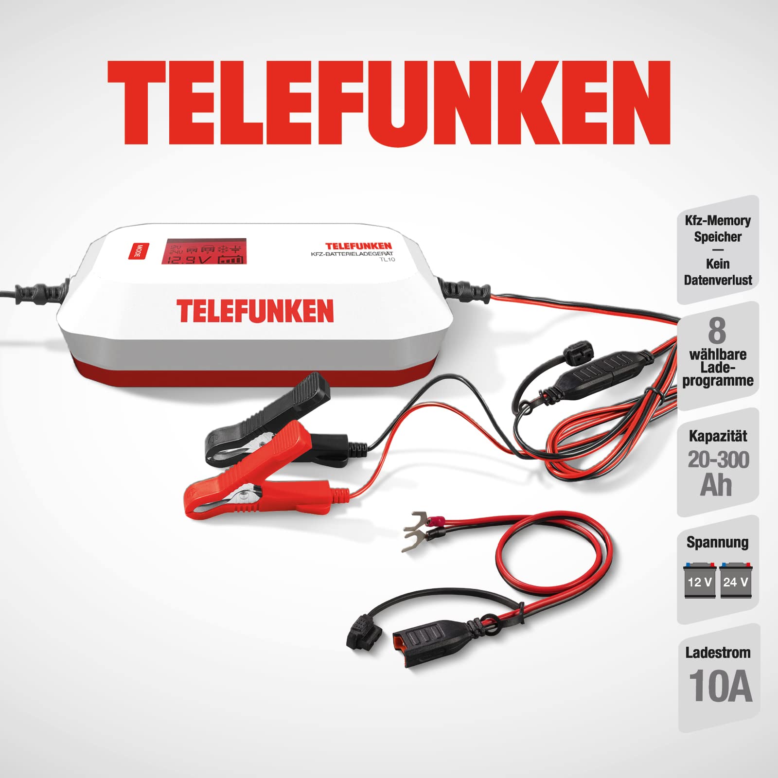 TELEFUNKEN Autobatterie Ladegerät TL 10A | Vollautomatisches Kfz-Batterie Ladegerät für Auto, Motorrad & Oldtimer | Erhaltungsladegerät | Akkuladegerät für das Überwintern von 12V 24V Batterien