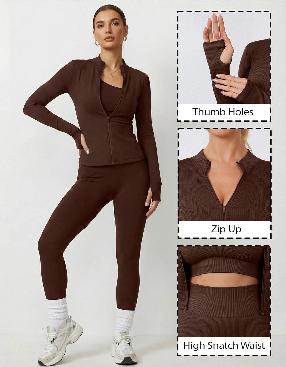 Coume Women 3 Piece Seamless Workout Set Gym Yoga Sports Bra High Waisted Leggings Zip Up Jacket with Thumbhole Activewear - Image 4