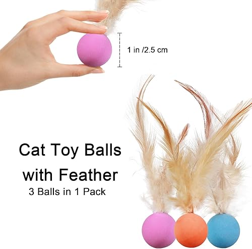 Miniatura 8 de Pelotas de juguete para gatos con plumas, 3 pelotas interactivas para gatos de interior y gatitos juguetones, juguetes de goma para juegos