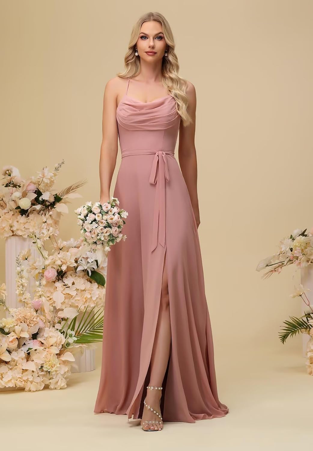 Wchecalino Cowl Neck Bridesmaid Dresses for Women A Line Chiffon Ruched Long Formal Evening Dress with Slit