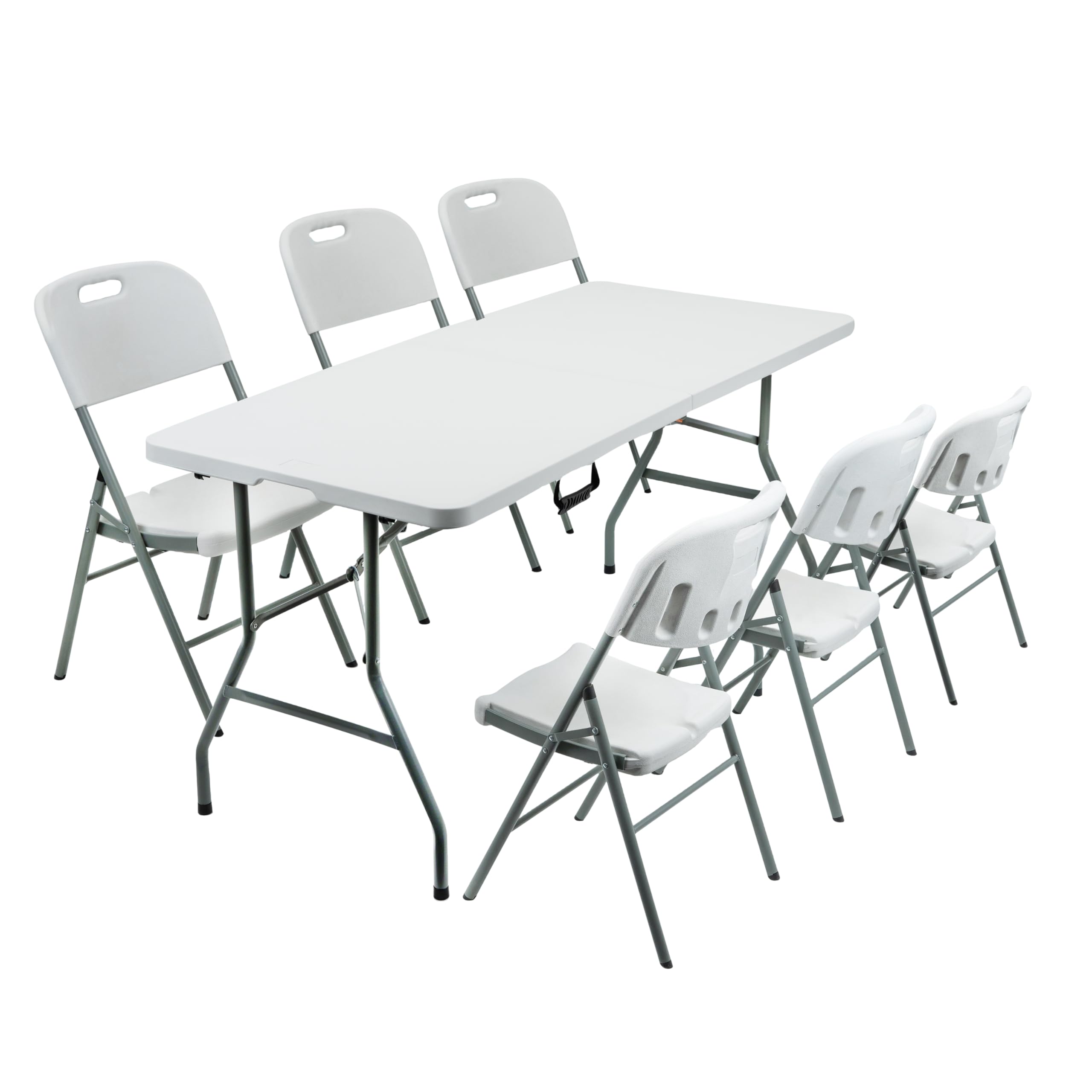 Crystals 6FT White Folding Trestle Table with 6 Folding Camping Chairs - Heavy-Duty Dining Set for Indoor and Outdoor Events, Suitable for Picnics, BBQs, Camping, Parties, and Everyday Use