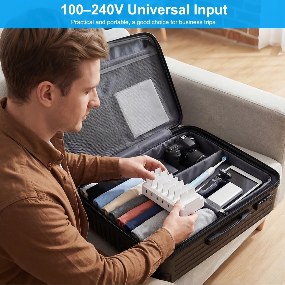 Charging Station for Multiple Devices, 6 Port USB Desktop Charger Dock Compatible with iPad, Samsung, Android, Tablet, Family Multi Phone Charging Organizer with Divider Holders, Fireproof ABS (Black)