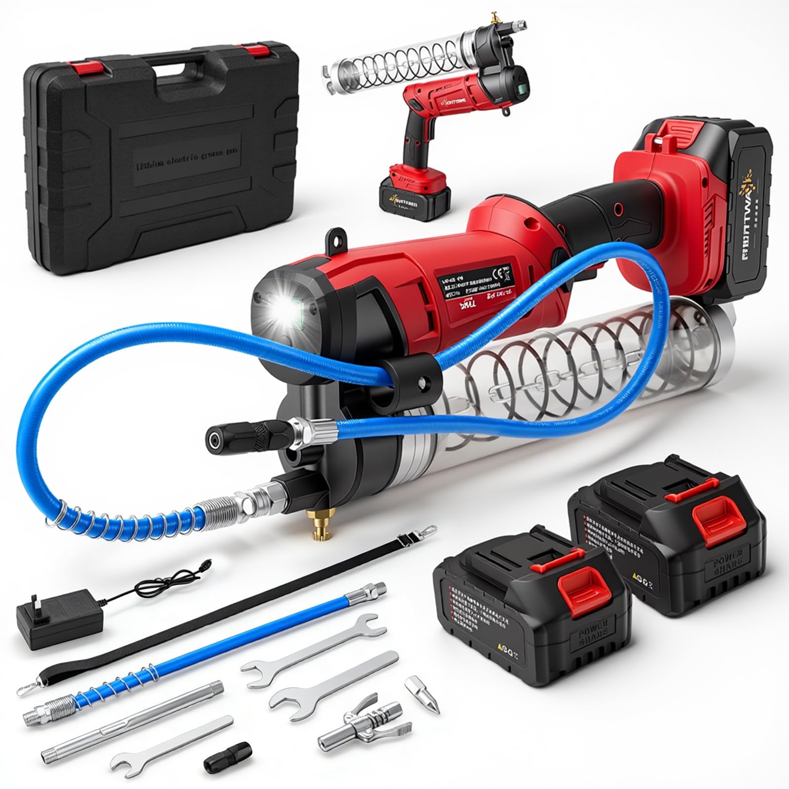 Juego de pistola de engrase con batería, 12000 psi, prensa de engrase eléctrica con 2 pilas de 4 Ah y cargador, capacidad de extracción de 5,3 oz/min, manguera e iluminación LED, desarrollada para