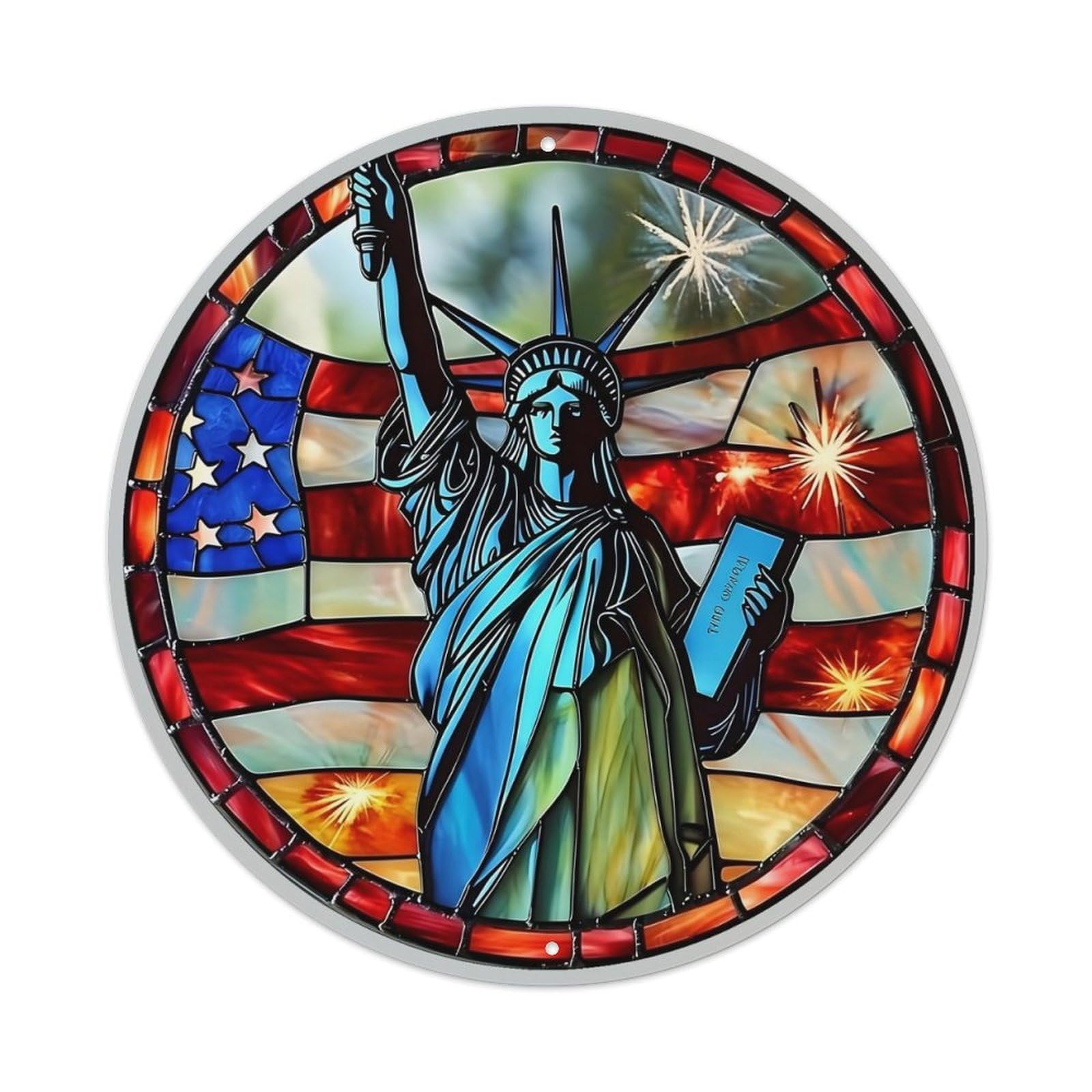 Statue Of Liberty Stained Glass Retro Metal Tin Sign, Vintage Metal Poster for home, Gaming Room, Studio Workshop,Bar,Garage Wall Art Decor 8x8 inch