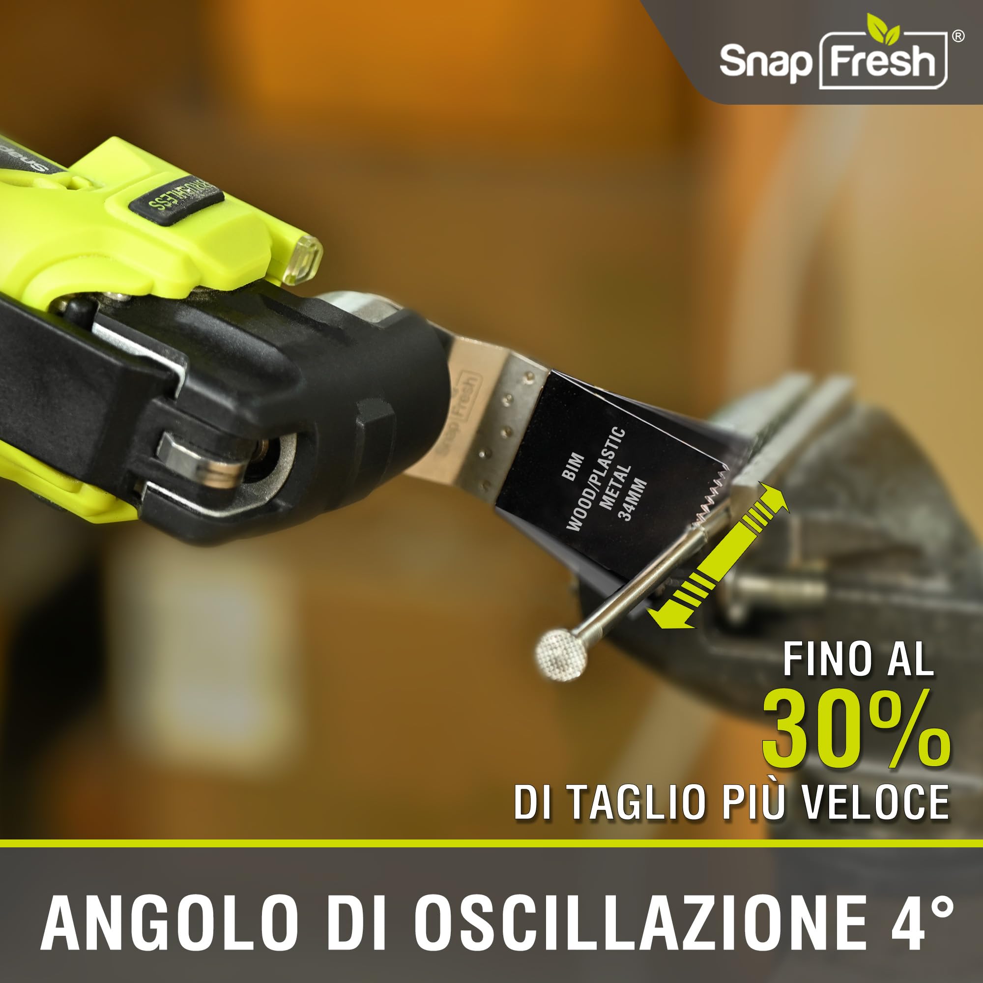 SnapFresh Utensile Multifunzione Oscillante 20V Senza Fili e Senza Spazzole, Tecnologia Anti-Vibrazione VibeNeutral, 6 Velocità Variabili, Angolo 4°, Batteria 2,0 Ah, Caricatore Rapido e Borsa