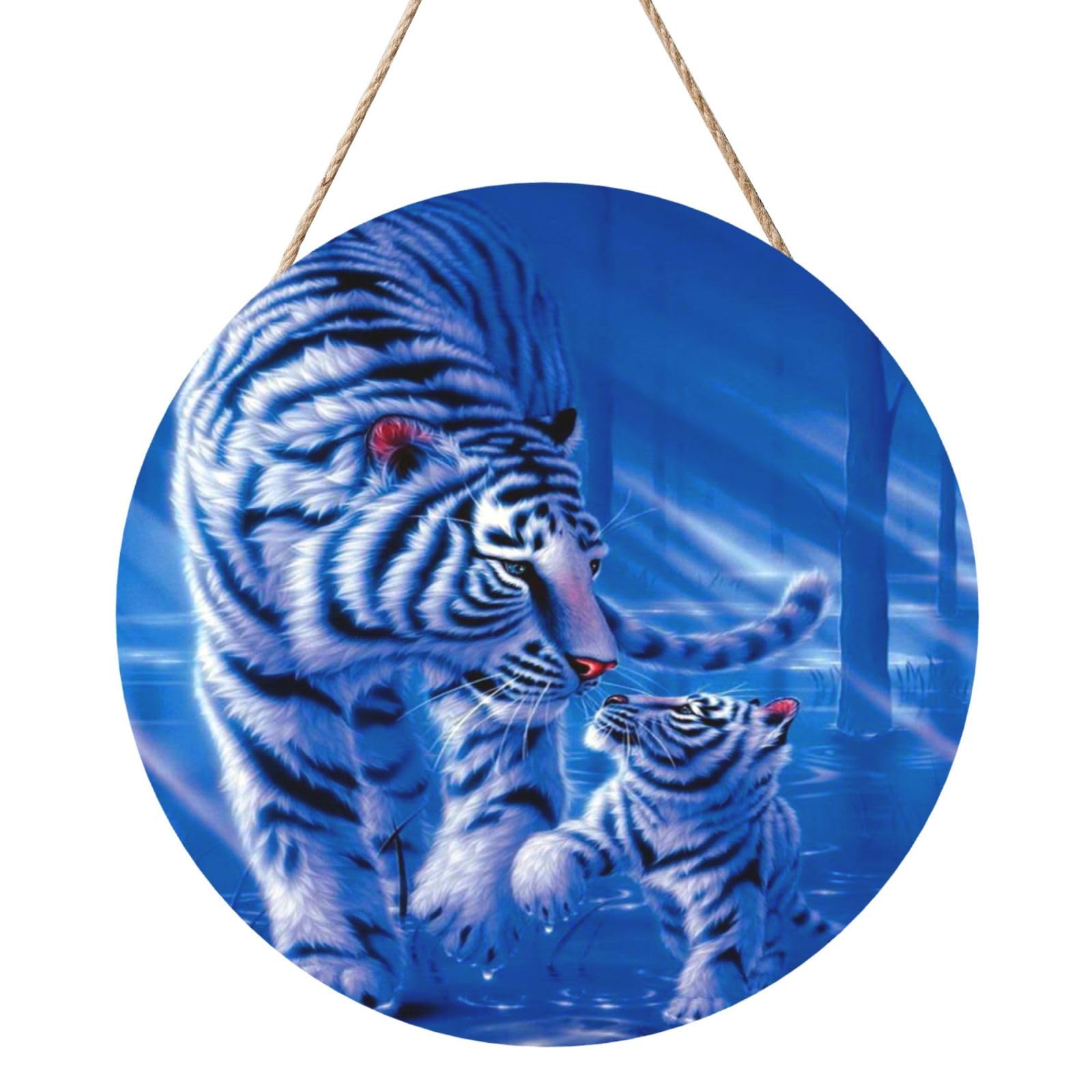InOmak Print Tiger Mom And Son, Round Wood Panel Painting 12 in, Wall Hanging Painting For Home