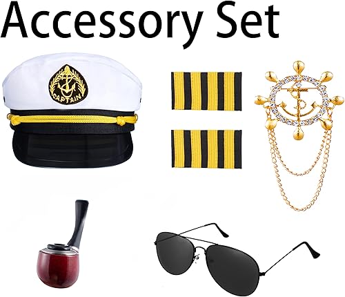 Miniatura 6 de Disfraz de capitán de marinero de yate para niños, camisa y sombrero, accesorios de 6 piezas para fiesta, cosplay, de 3 a 12 años