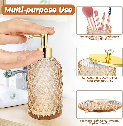 Miniatura 3 de Jenseits Amber Glass Bathroom Accessories Set 4 Pcs - Vintage Diamond Pattern Bathroom Set with Gold Pump - Soap Dispenser, Tray, Toothbrush Holder,