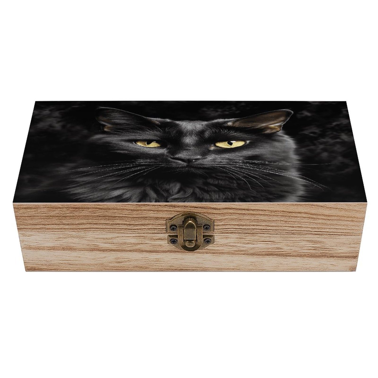 VstaDank A Black Cat on A Black Background Wooden Storage Box Decorative Jewelry Case with Lids Exquisite Wood Box Letters Gifts Acacia Wood Boxes Fashion Wooden Keepsake Boxes for Men Women