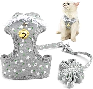 Zunea Escape Proof Cat Harness and Leash Set Adjustable No Pull Mesh Padded Puppy Kitten Vest with Lace Collar Bell, Cute Floral Strawberry Printed Small Dog Harness for Walking Gray M