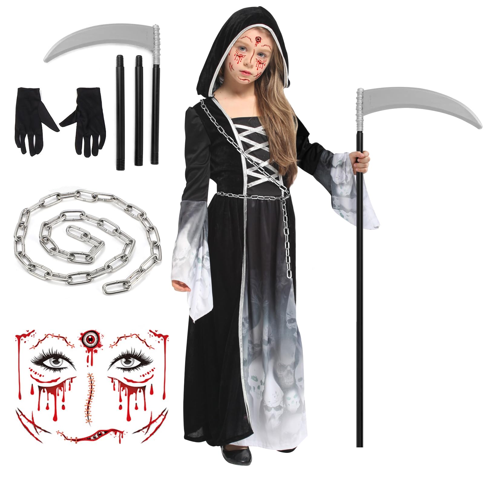 YADODO Grim Reaper Costume Kids Girls 8-10 with Scythe Chain Gloves Stickers Scary Halloween Grim Reaper Outfit Fancy Dress for Girls Ghost Face Skull Scream Zombie Death Costume for Kids Halloween