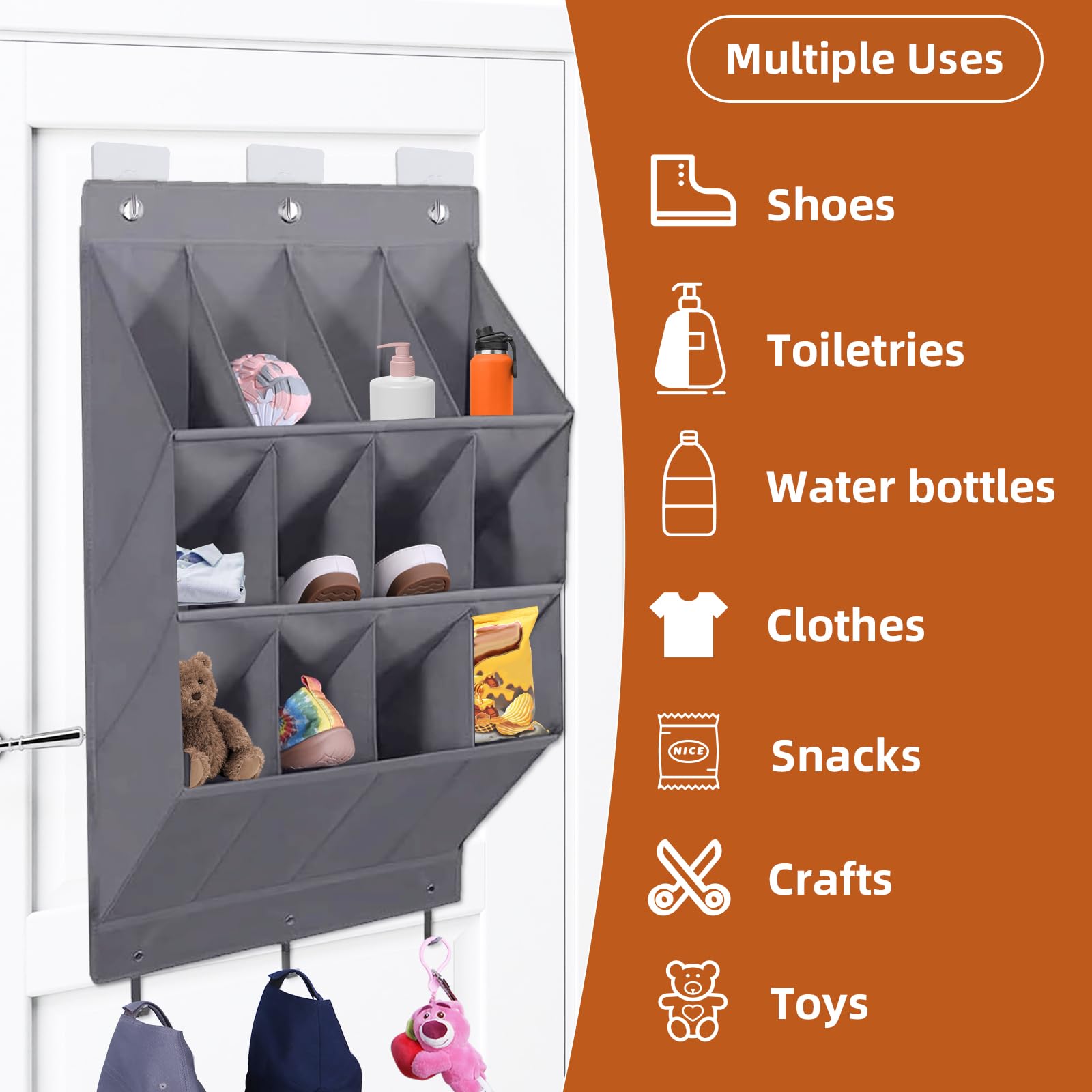 Organizer per scarpe da appendere, con gancio, porta scarpiera con 12 tasche profonde per armadio, organizer da appendere alla porta per campeggio, armadietto, dormitorio e camper, grigio