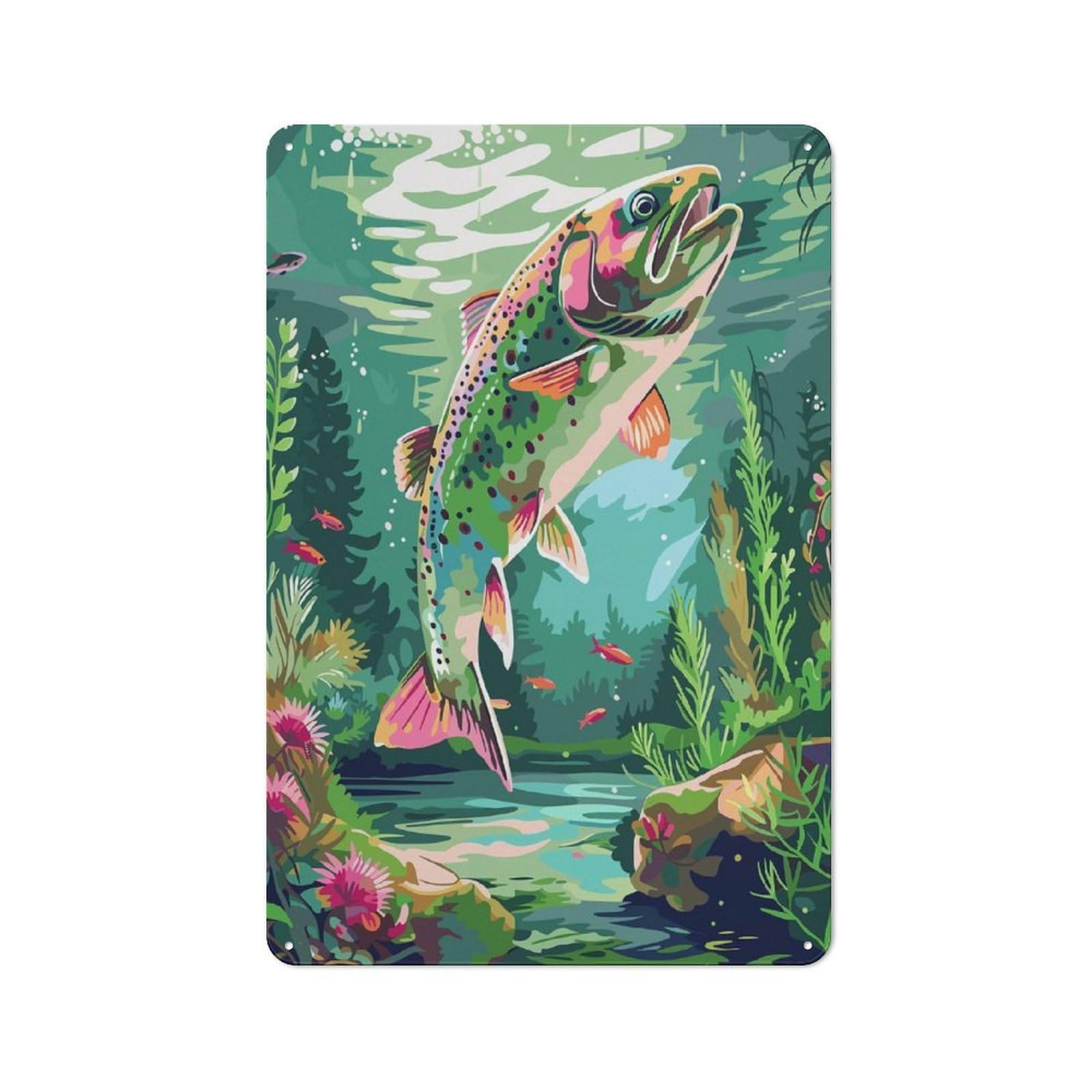 Junmoney Style-3 Rainbow Trout Underwater Printed Metal Sign 30X20cm For Man Cave Or Games Room, Suited To Games Room Collectors