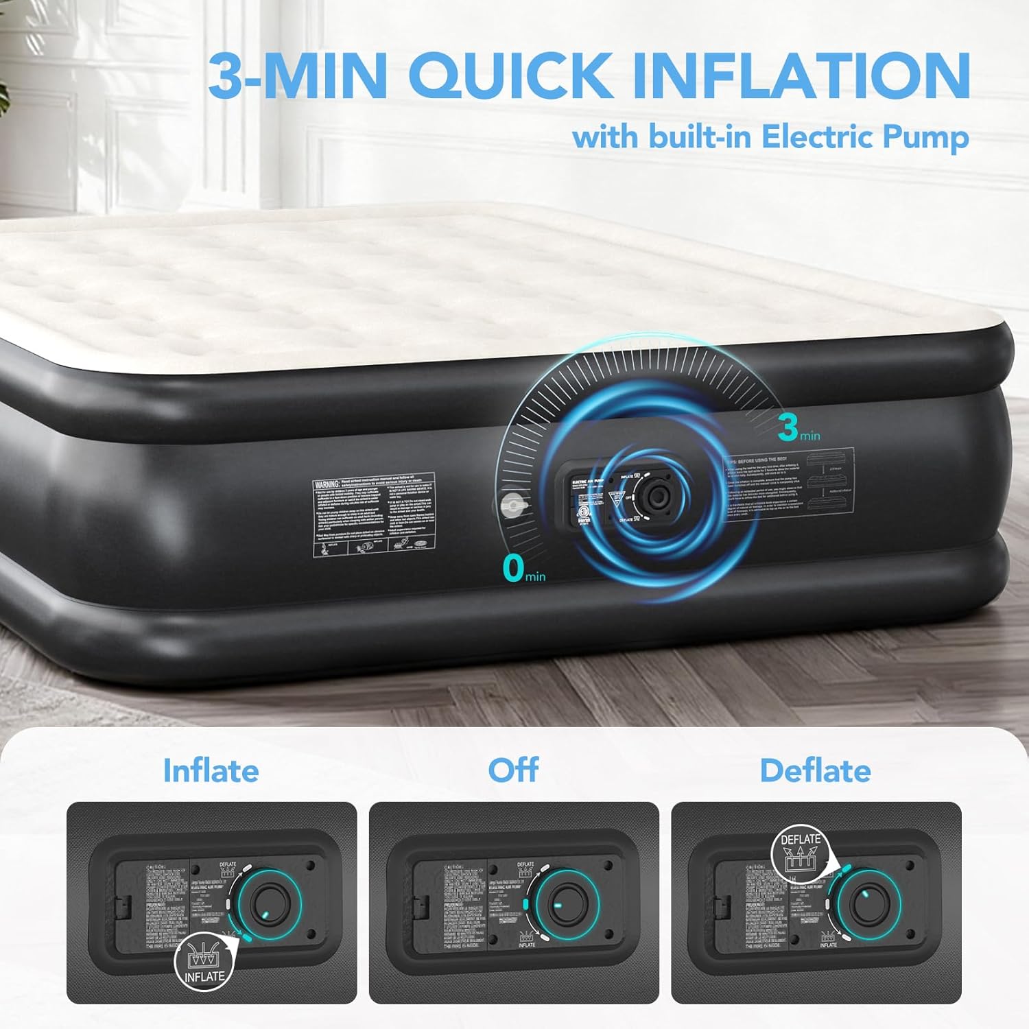 Queen Air Mattress with Built in Pump, 18” High Inflatable Mattress with Storage Bag, 3 Mins Easy Inflation/Deflation, 800lbs Heavy Duty Blow up Mattress, Flocked Top Air Bed for Home & Guests