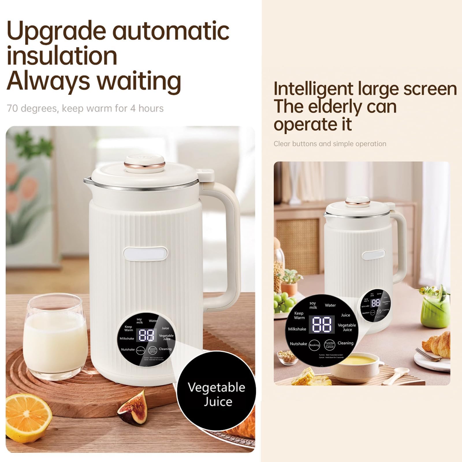 Macchina per latte vegetale 8 in 1, 1200 ml, per latte di soia, con funzione di mantenimento del calore per 8 ore e autopulente, per latte vegetale fatto in casa, avena, soia (bianco)