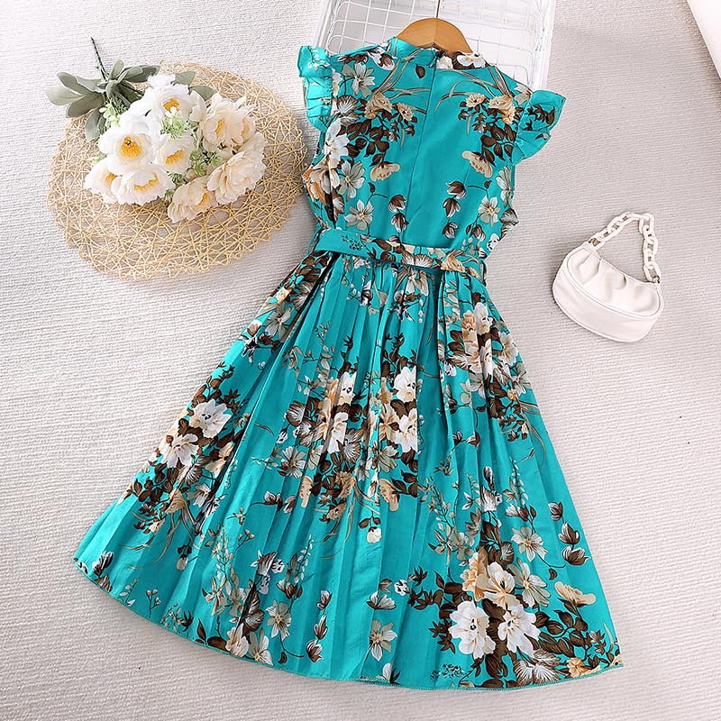 Girl Ruffle Sleeve Floral Dress Casual Pleated Casual A-line Swing Dresses2
