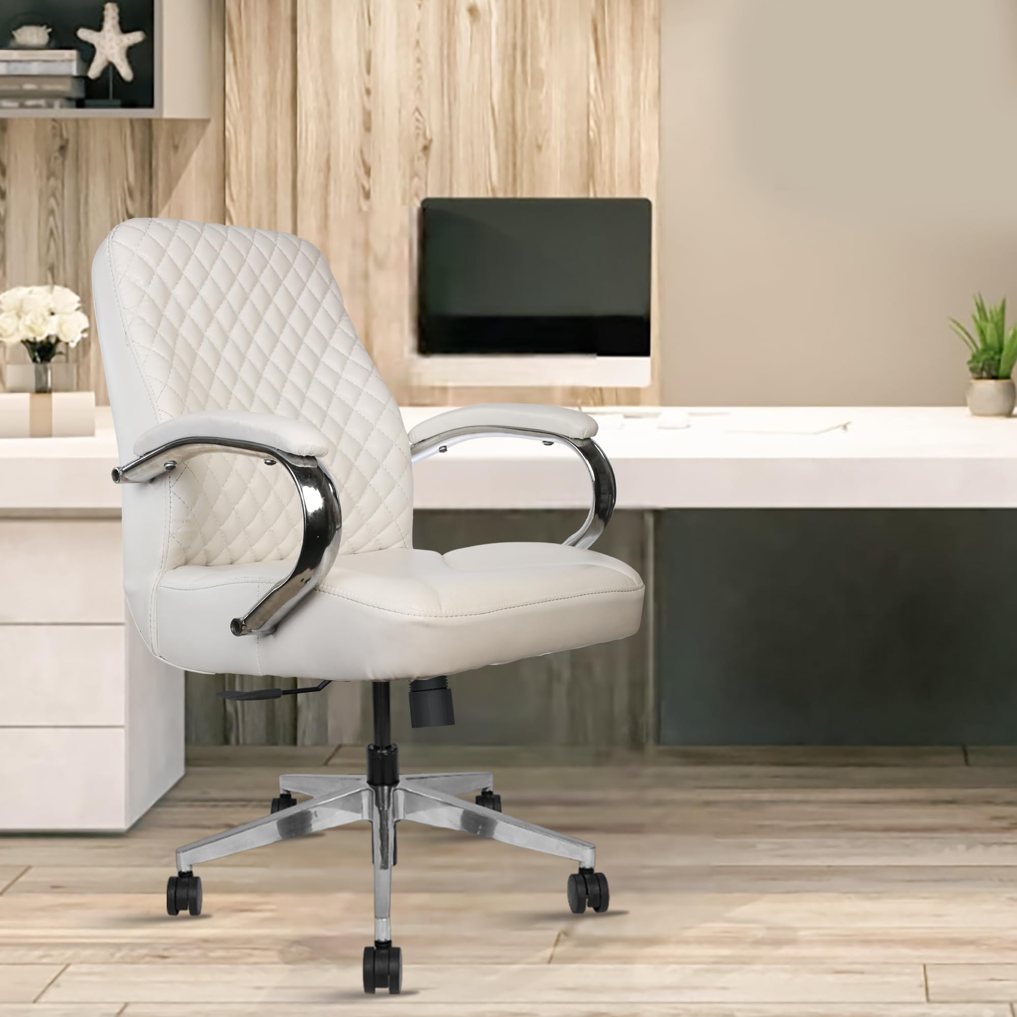 ROSE® Big Bucket Leatherette Executive High Back | Midback Revolving Office Chair with Color Options | Integrated Lumbar Support with Comfortable Seating | 3 Year Warranty (White, Mid Back)