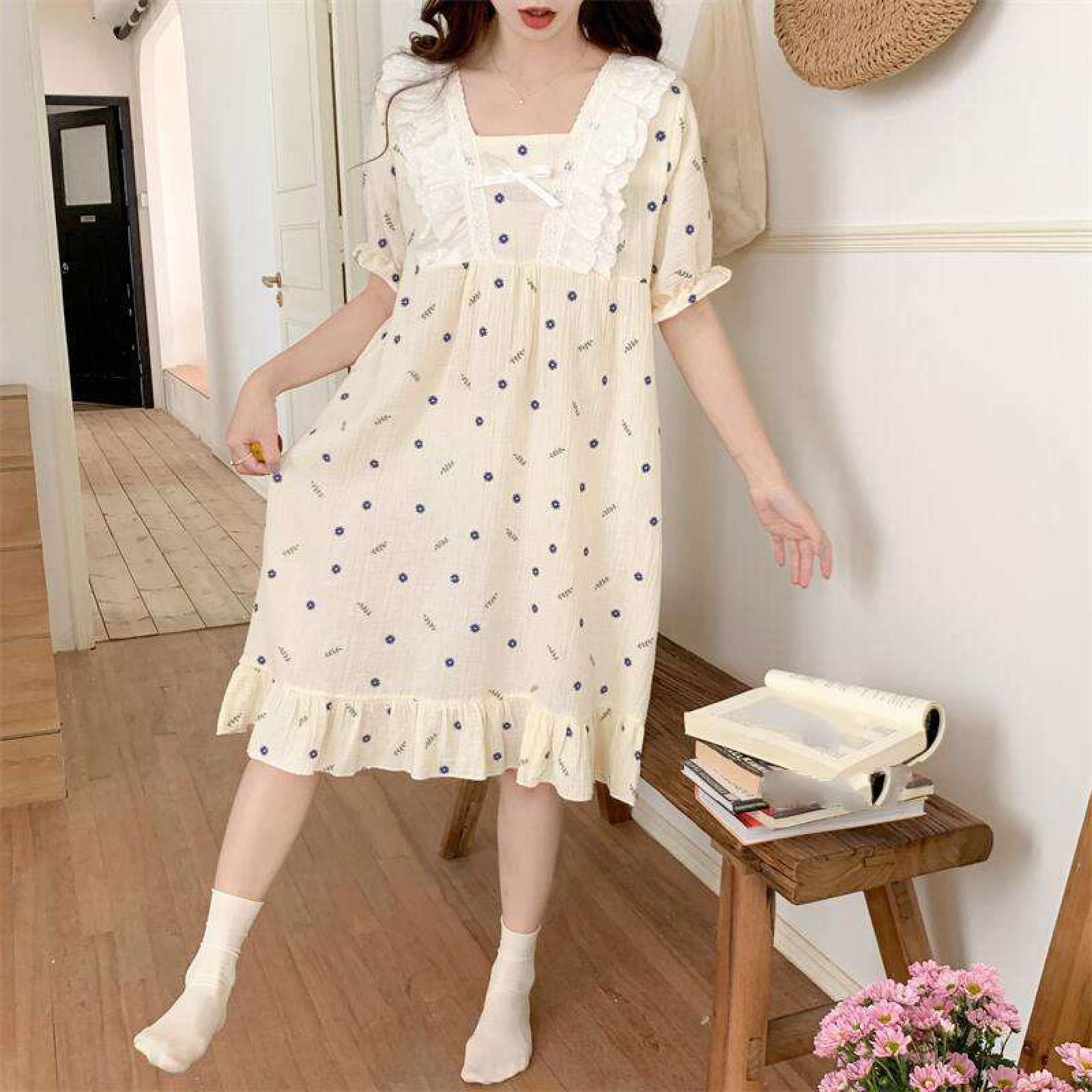 Damen-Nachthemd Aus Baumwoll-Jacquard, Loungewear – Sommer, Süßer Blumendruck, Spitze, Quadratischer Ausschnitt, Spitze, Kurzärmeliges Kleid, Schleifenknoten-Nachthemd, Homewear, Modisches Mädc