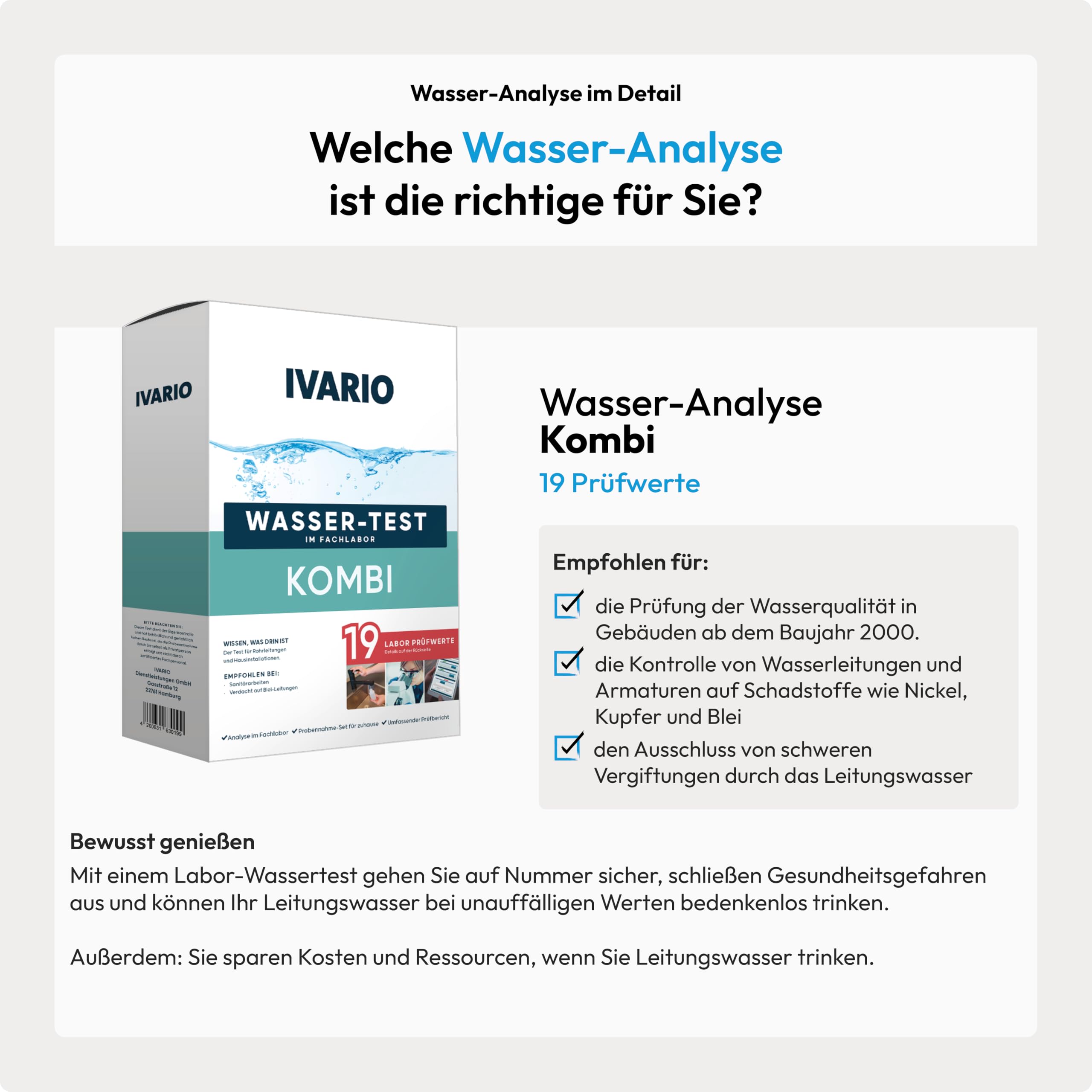 IVARIO Labor-Wassertest Kombi (19-in-1) für Trinkwasser, Experten-Analyse im Deutschen Fachlabor. Leitungswasser-Test mit 19 Prüfwerten