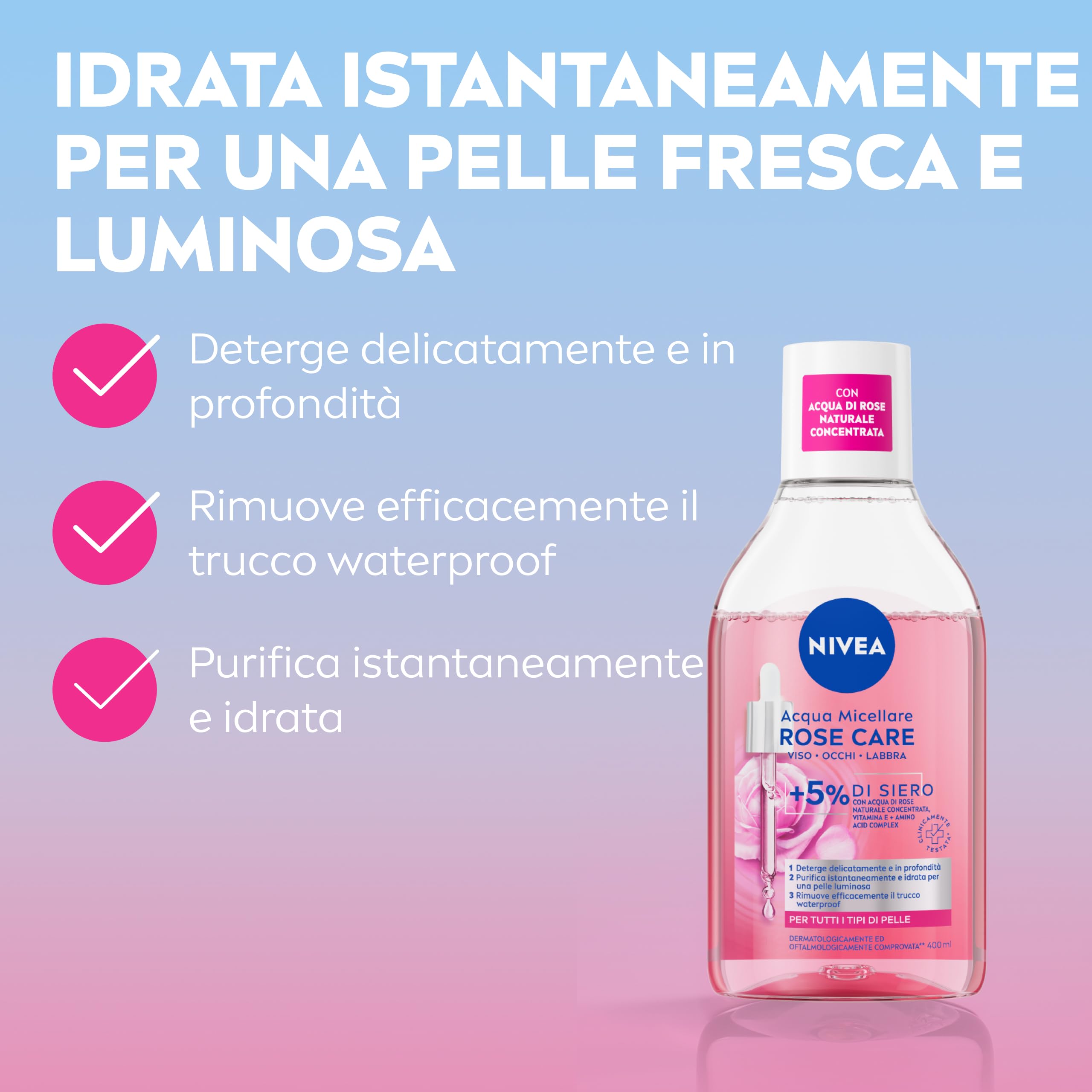 NIVEA Acqua Micellare Rose Care 400 ml, Struccante viso e occhi bifasico per trucco waterproof, Detergente viso, occhi e labbra con 5% siero con Acqua di Rose e Vitamina E, Tutti i tipi di pelle