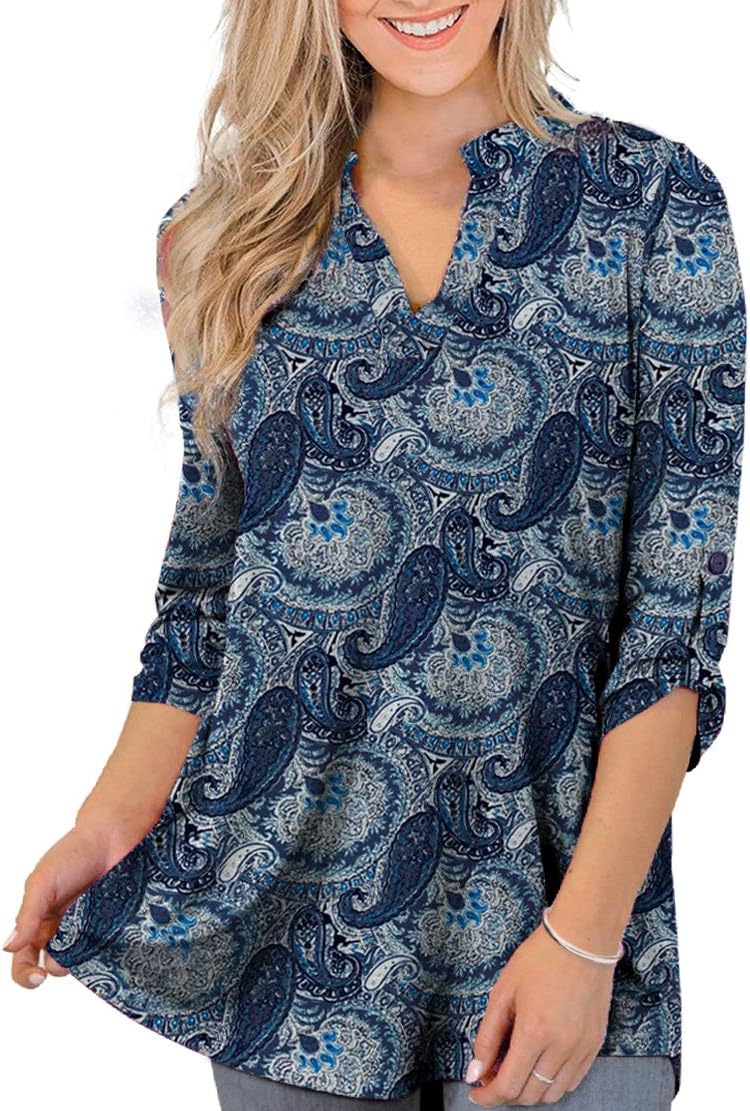 Othyroce Womens Floral Printed Tunic Tops 3/4 Roll Sleeve V Neck Blouses Long Sleeve Shirts for Women
