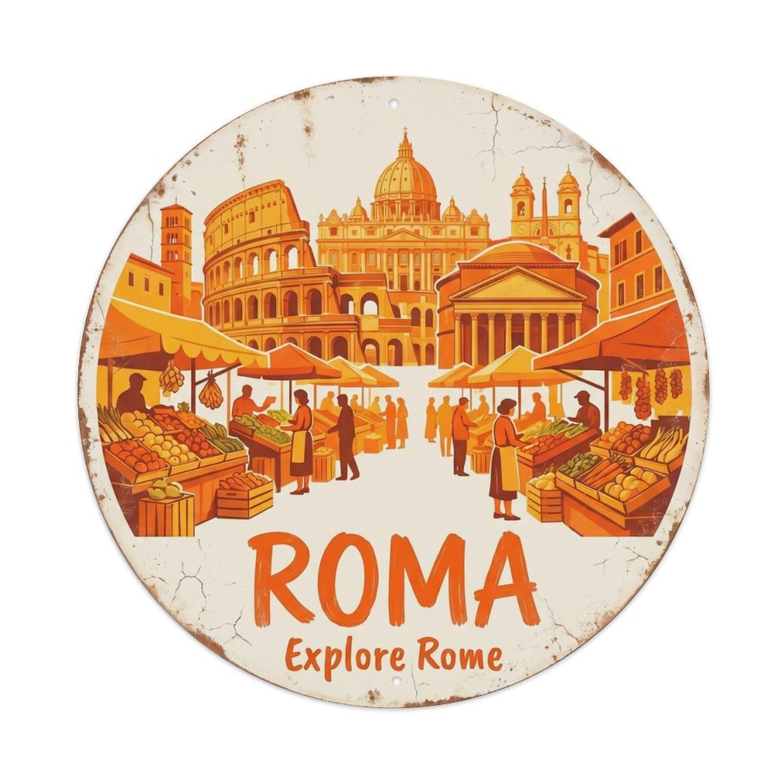 Okahys 8X8inch(20X20cm) Vintage Travel Rome Marketplace Vibrant Metal Tin Sign