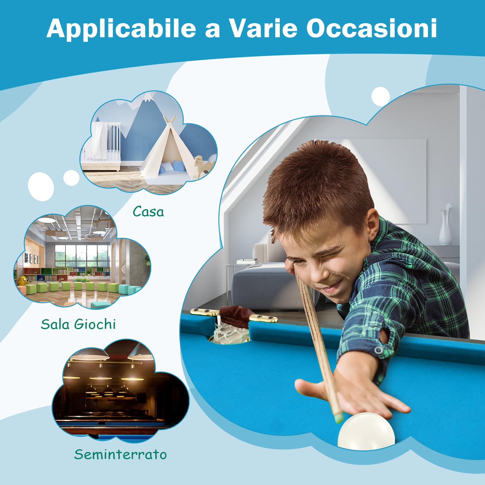 GYMAX Tavolo da Biliardo Portatile, Mini Tavolo da Gioco con Gambe Pieghevoli, Set da Sala Giochi Interno con 16 Palline, 2 Stecche, 2 Gessetti, Triangolo per Bambini e Adulti, Blu/Verde