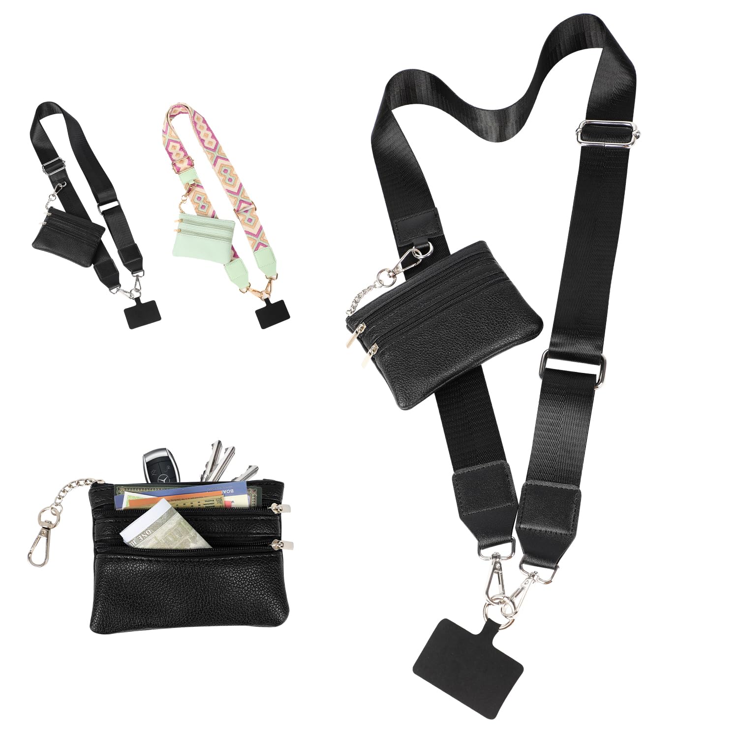 YOUSHEME Phone Strap with Zippered Pouch, Clip and Go Strap for Phone with Wallet Crossbody, Clip and Go Strap with Pouch, Cross Body Phone String with Zipper Wallet Pouch (Black)