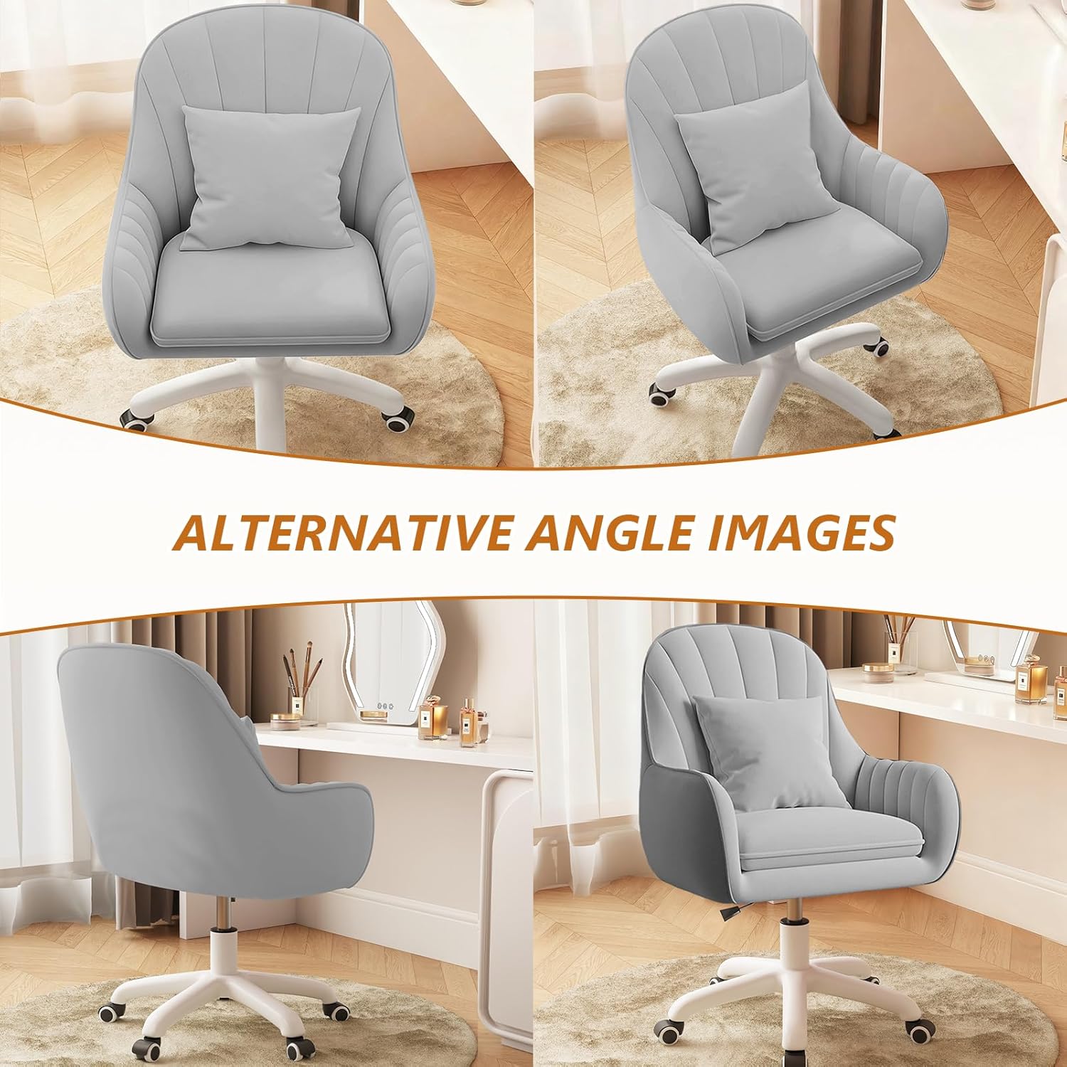 JPBSTO Cute Home Office Chair Velvet Upholstered Desk Chairs with Mid Back Swivel Adjustable Makeup Vanity Computer Chair with Wheels