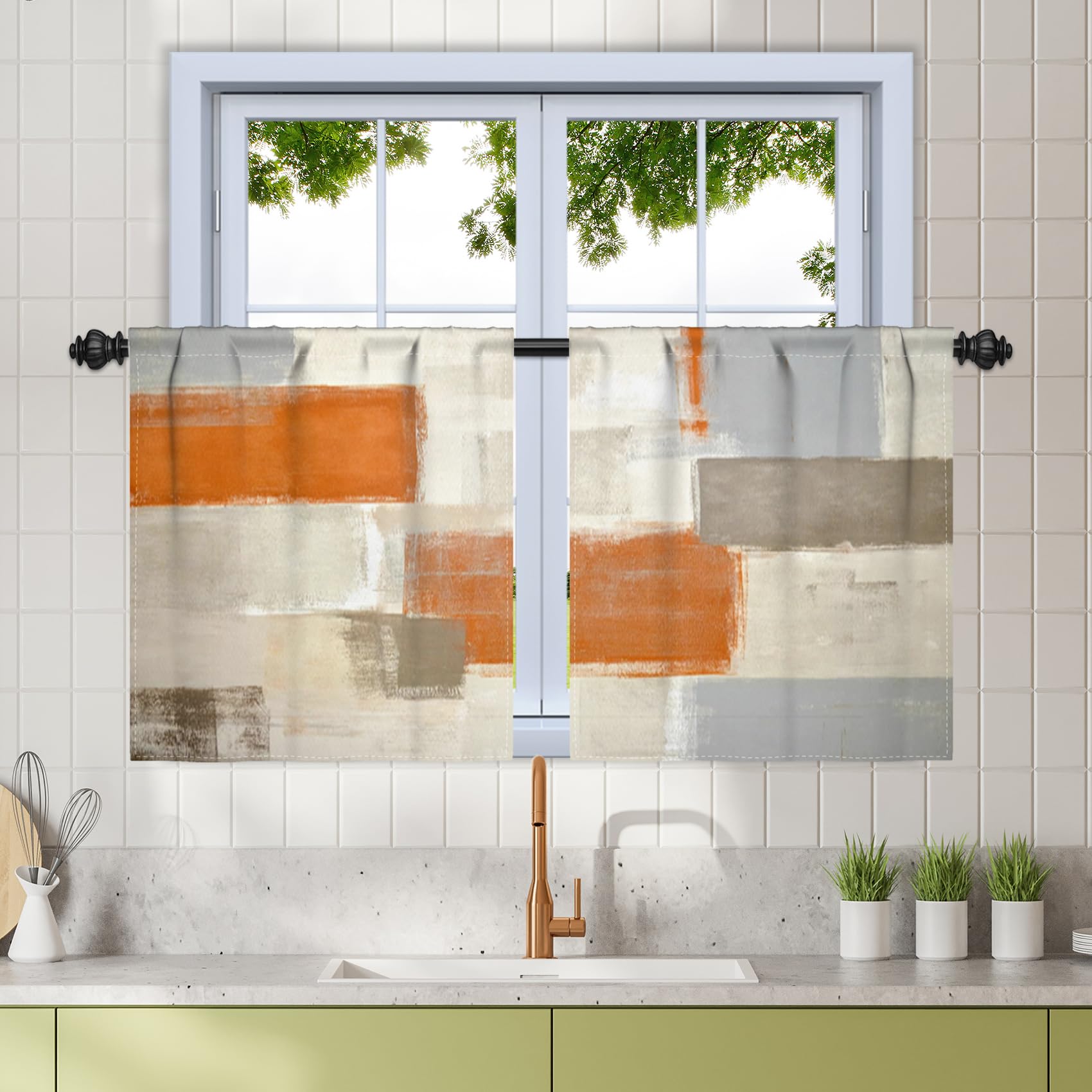 Rideaux texturés en lin Renaiss orange et gris avec motif abstrait pour salon