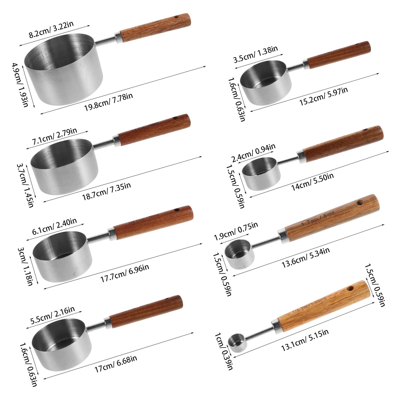 Artibetter Cuillères et Tasses à Mesurer Poignée en Bois Antidérapante Ensemble de 8 en Acier Inoxydable pour Professionnels Cuisine et Pâtisserie