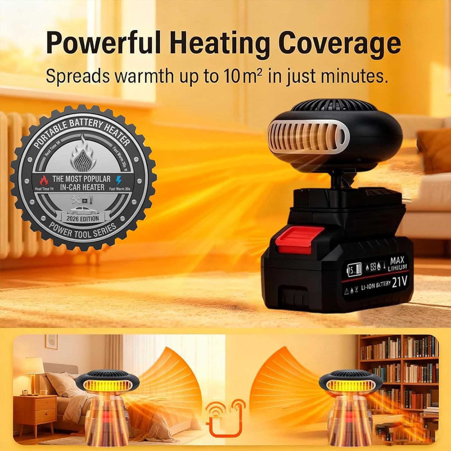 Portable Battery Powered Space Heater, 2026 Upgraded Battery-Operated Heater, Rechargeable Space Heater, for Car Window Defog,With 1/2PCS 1500mah Battery,For Camping Indoors,Long Heating (1x 5-cell)
