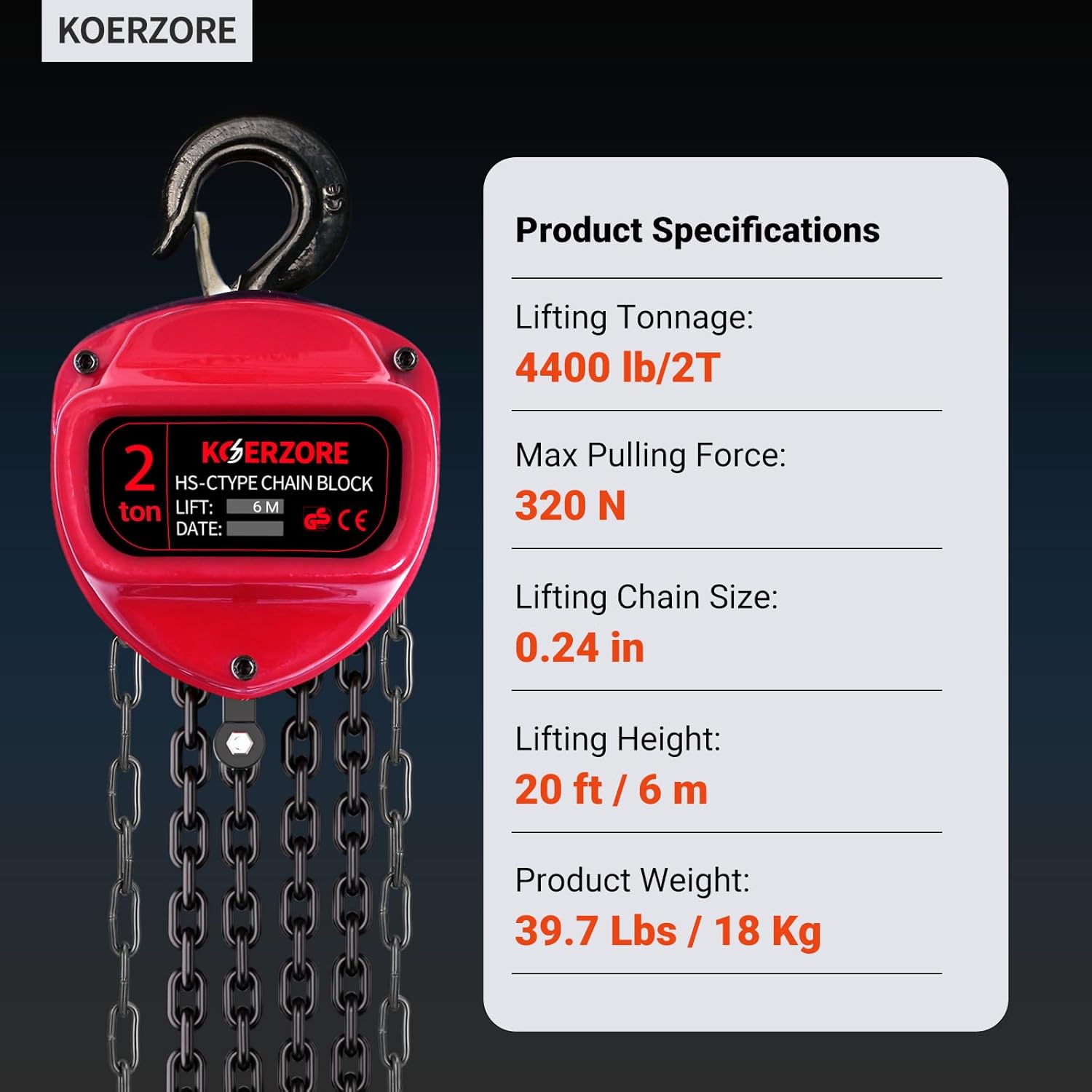 2 Ton Hand Chain Hoist 4400 Lbs Capacity 20ft Lift Manual Come Along Winch with G80 Steel Chain & Dual Hooks for Engine Lift, Warehouses, Automotive, Machinery