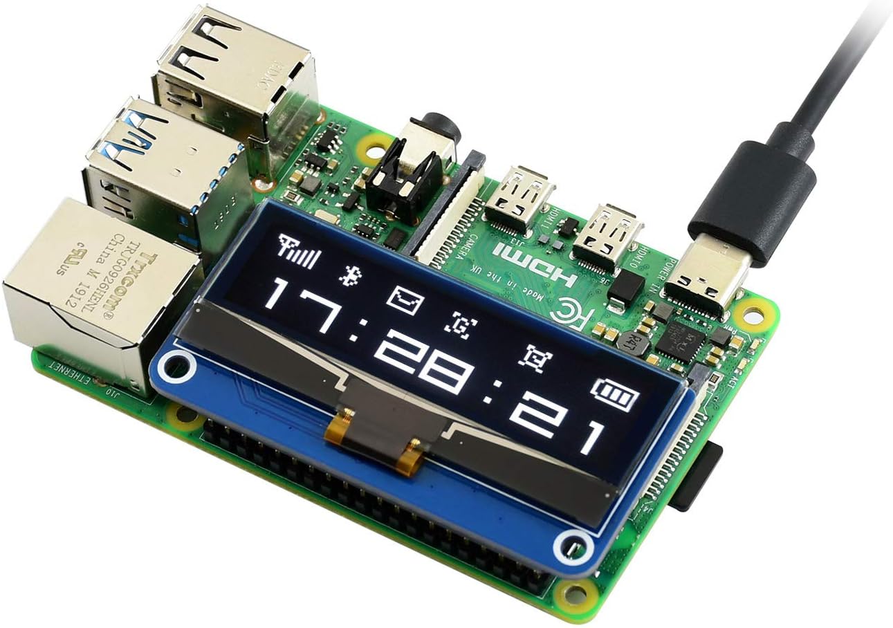 Waveshare 2.23inch OLED Display HAT for Raspberry Pi 128×32 Pixels with Embedded 1305 Driver Communicating via SPI or I2C Interface.