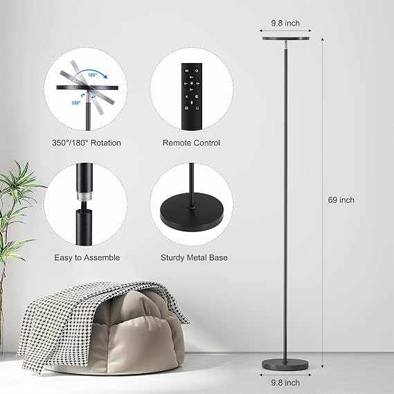 SUNMORY Floor Lamps for Living Room, 32W/3000LM Super Bright LED Floor Lamp with Remote Control, 69 Tall Standing Lamp with Stepless Dimmable, Modern Torchiere Corner Lamp for Bedroom, Office